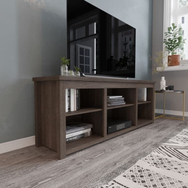 TV Stand up to 80" TVs with 6 Open Storage Compartments in Gray Wash Oak Finish