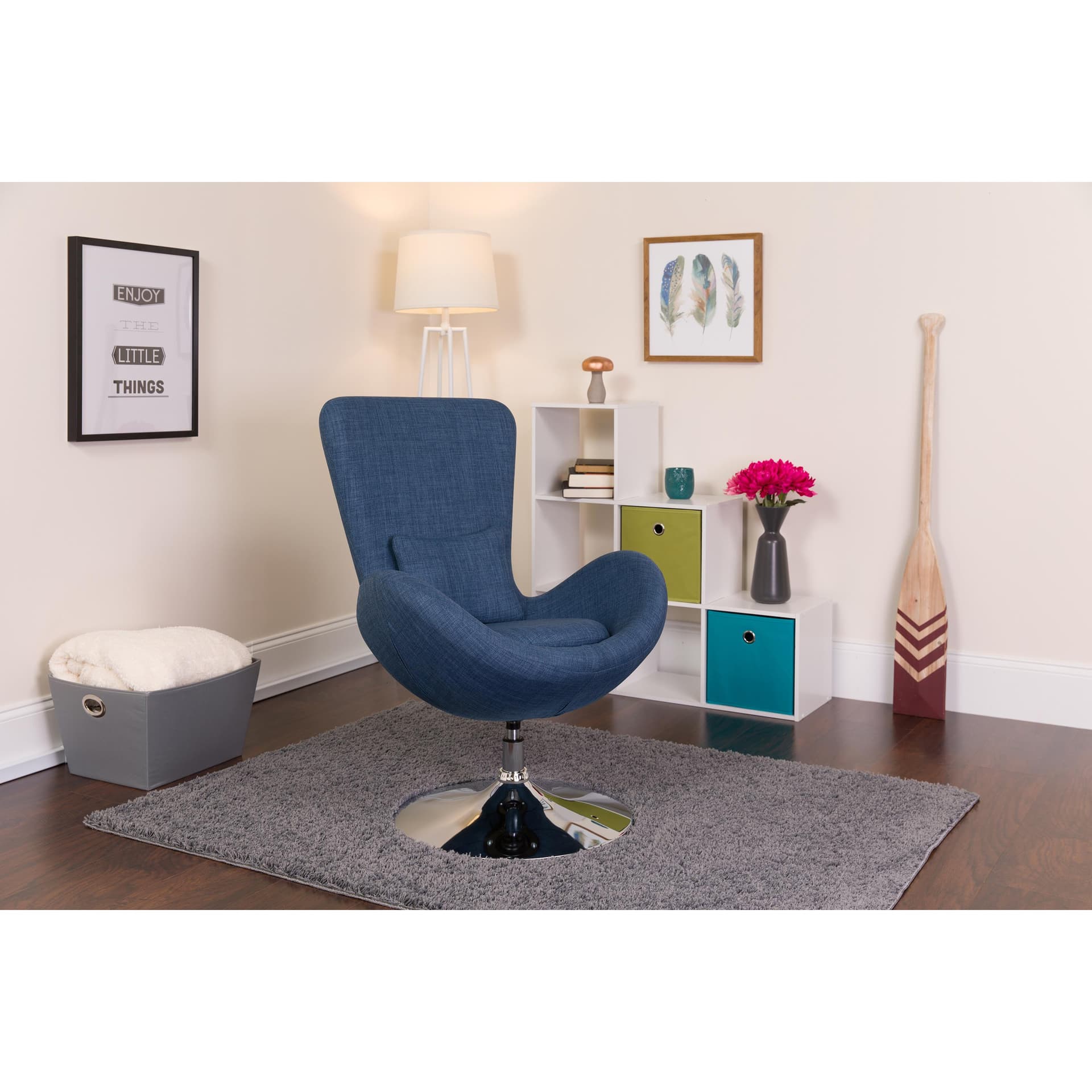 Blue Fabric Swivel Side Reception Chair with Bowed Seat