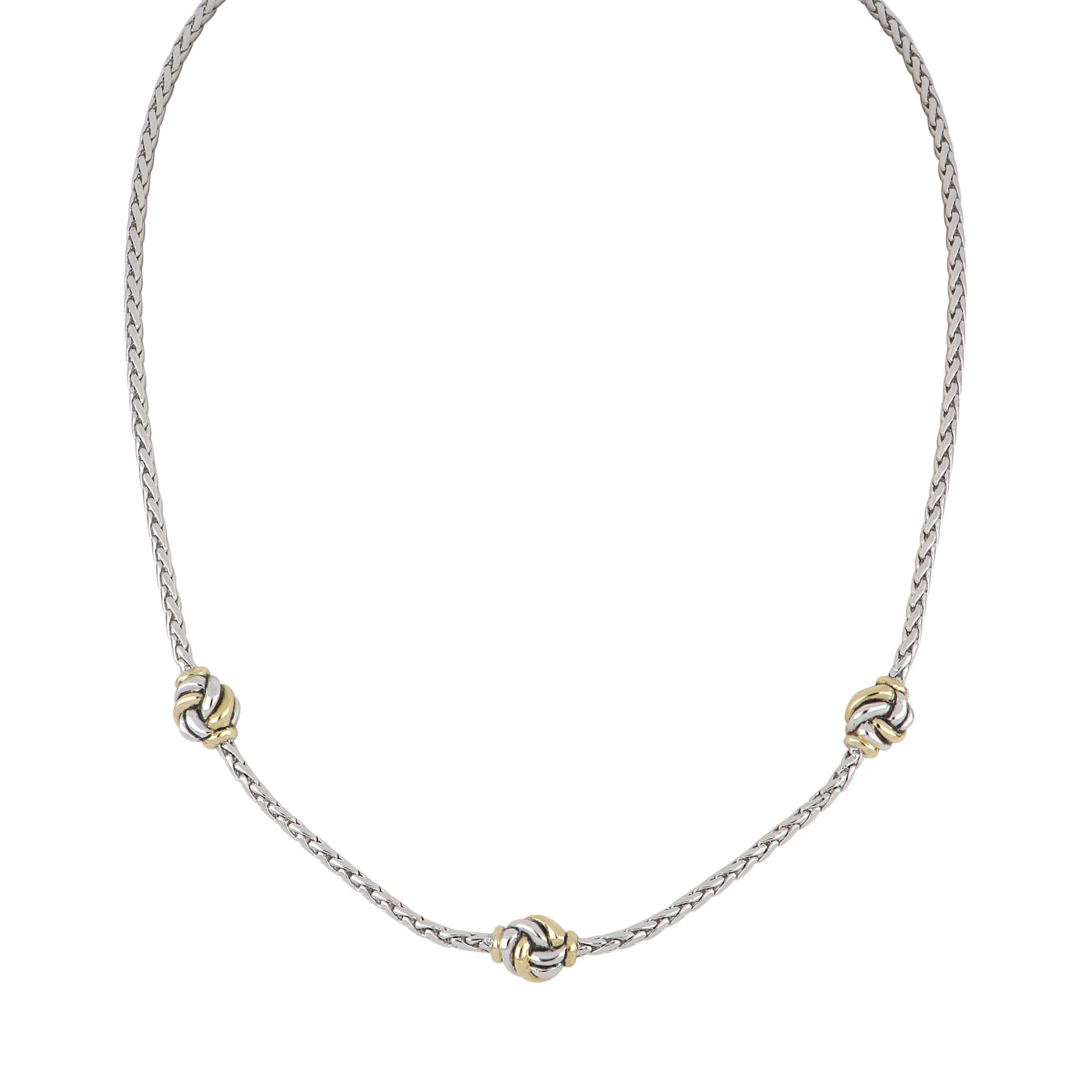 Infinity Love Knot 3 Station Necklace. Rhodium chain, two tone love knots. 16" Long
