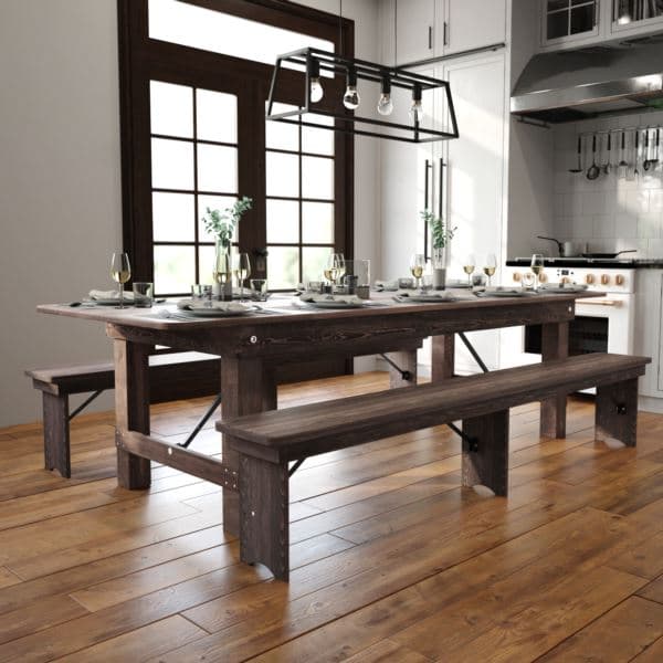 9' x 40" Rectangular Antique Rustic Mahogany Solid Pine Folding Farm Table