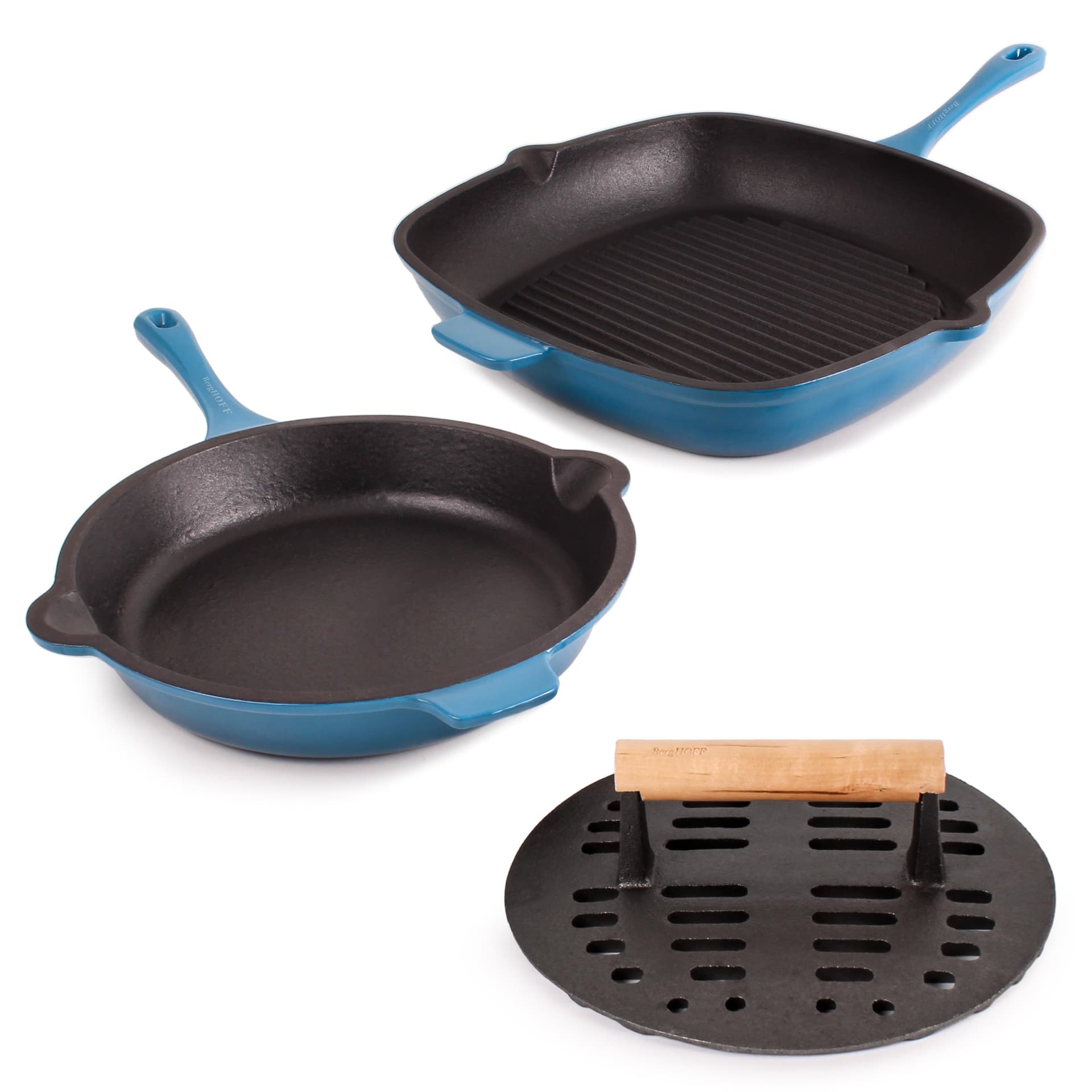 Neo 3pc Enamel on Cast Iron Cookware Set: 10" Fry Pan, Grill Pan and Slotted Steak Press, Blue