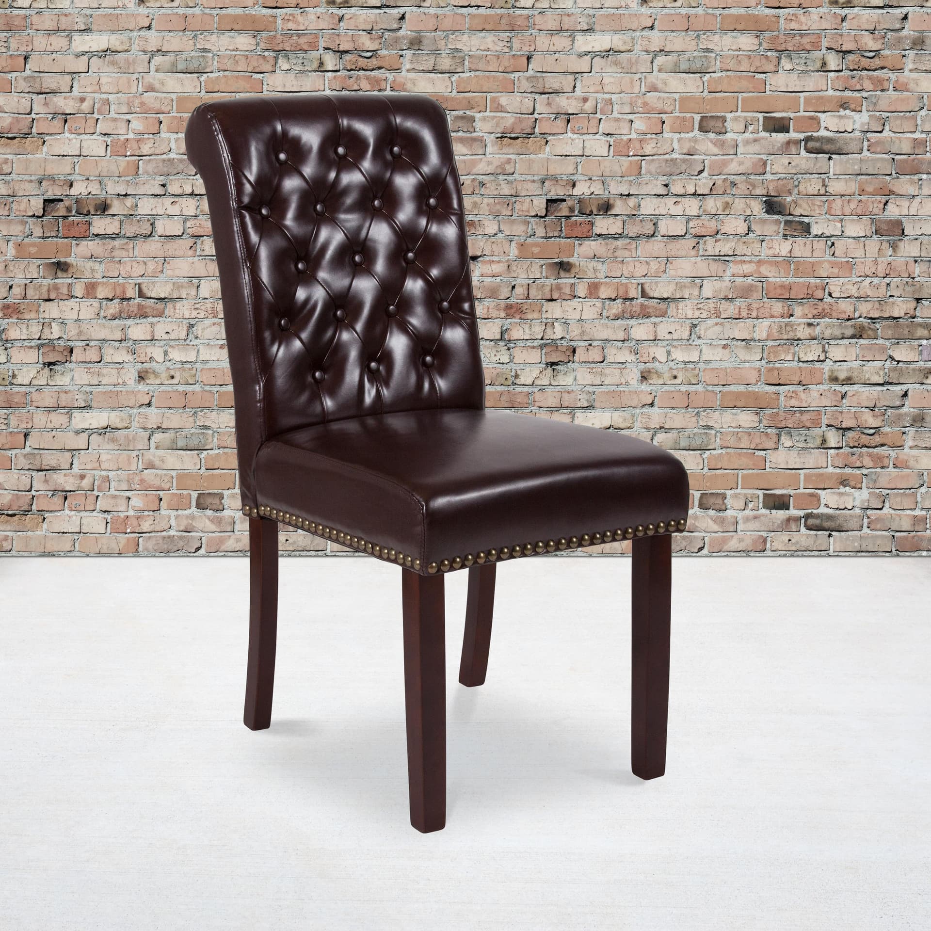 Brown LeatherSoft Parsons Chair w/Rolled Back, Accent Nail Trim &Walnut Finish