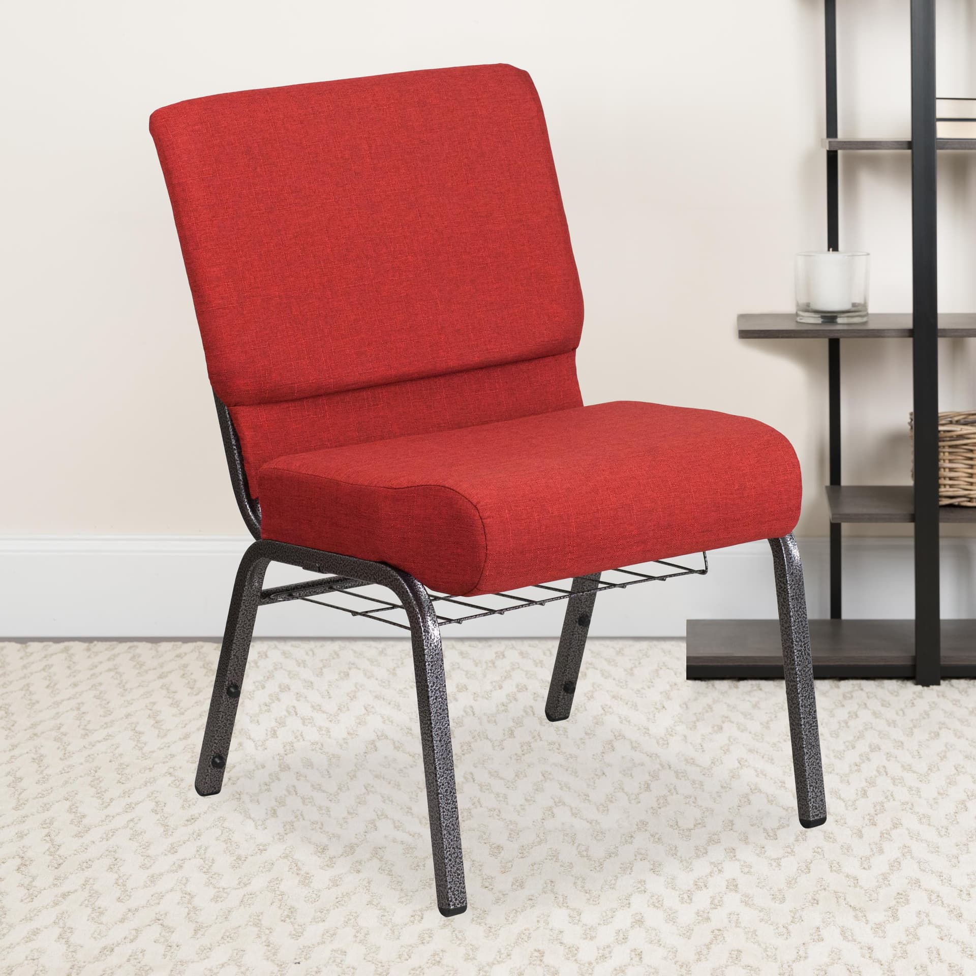 21"W Church Chair in Crimson Fabric with Cup Book Rack - Silver Vein Frame