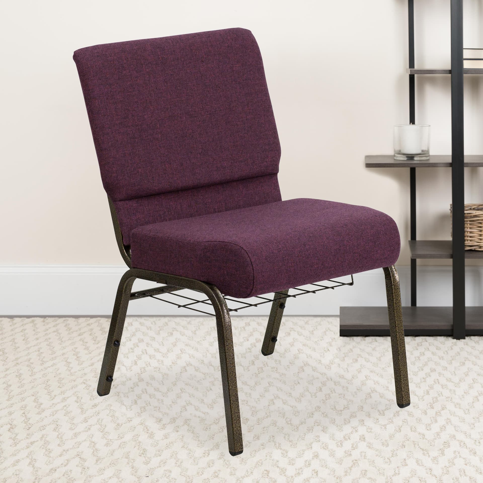 21"W Church Chair in Plum Fabric with Cup Book Rack - Gold Vein Frame