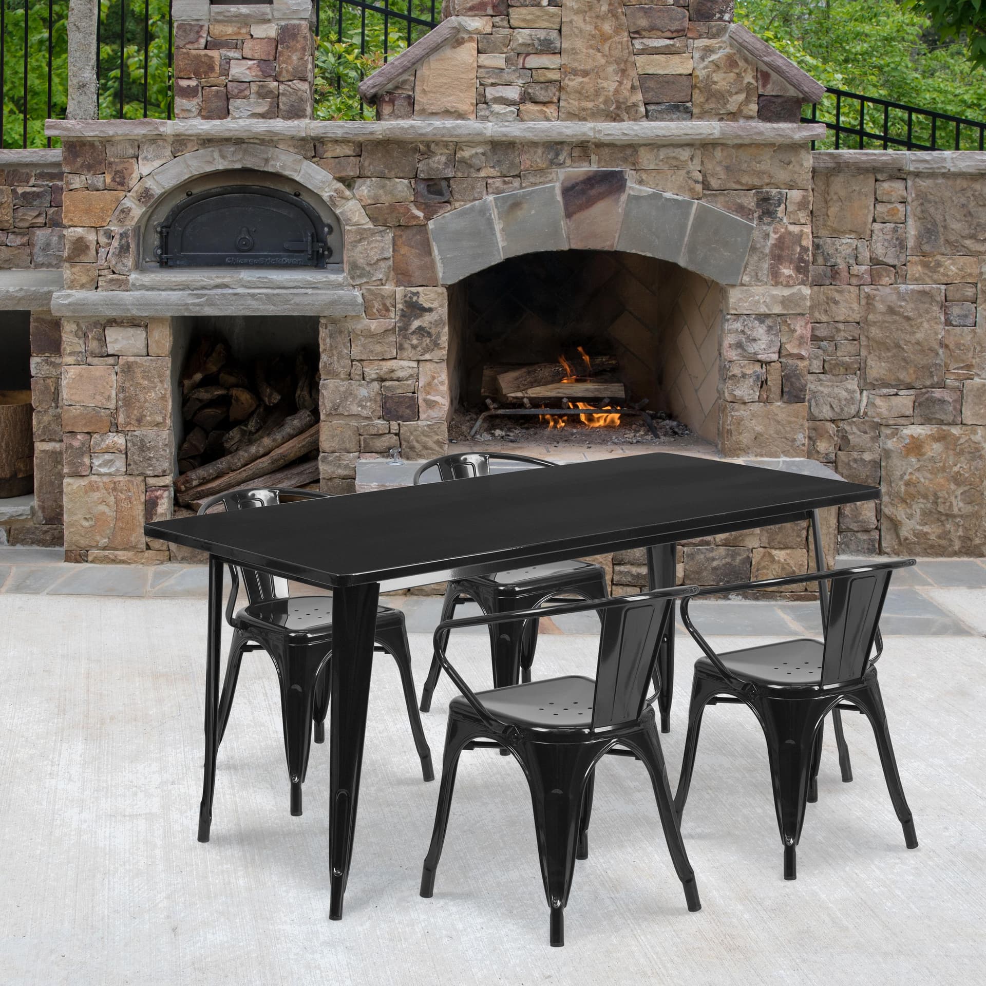 31.5" x 63" Rectangular Black Metal Indoor-Outdoor Table Set with 4 Arm Chairs