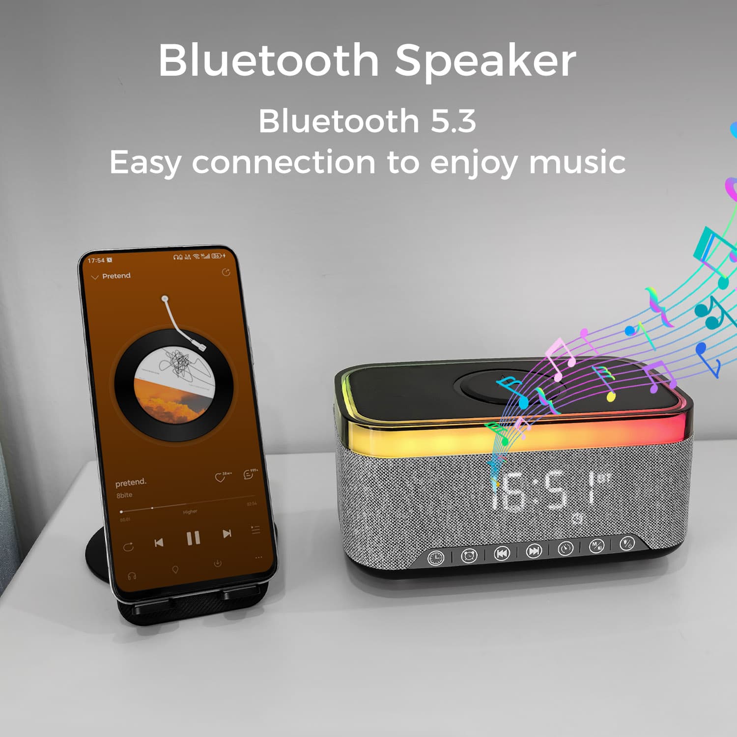 Bluetooth Speaker Alarm Clock w/ 15W Fast Wireless Charging, 13 Night Light modes, Rechargeable Battery, 10W Stereo Speaker, 12/24H Digital Clock, Sleep Timer, White Noise Mode, US