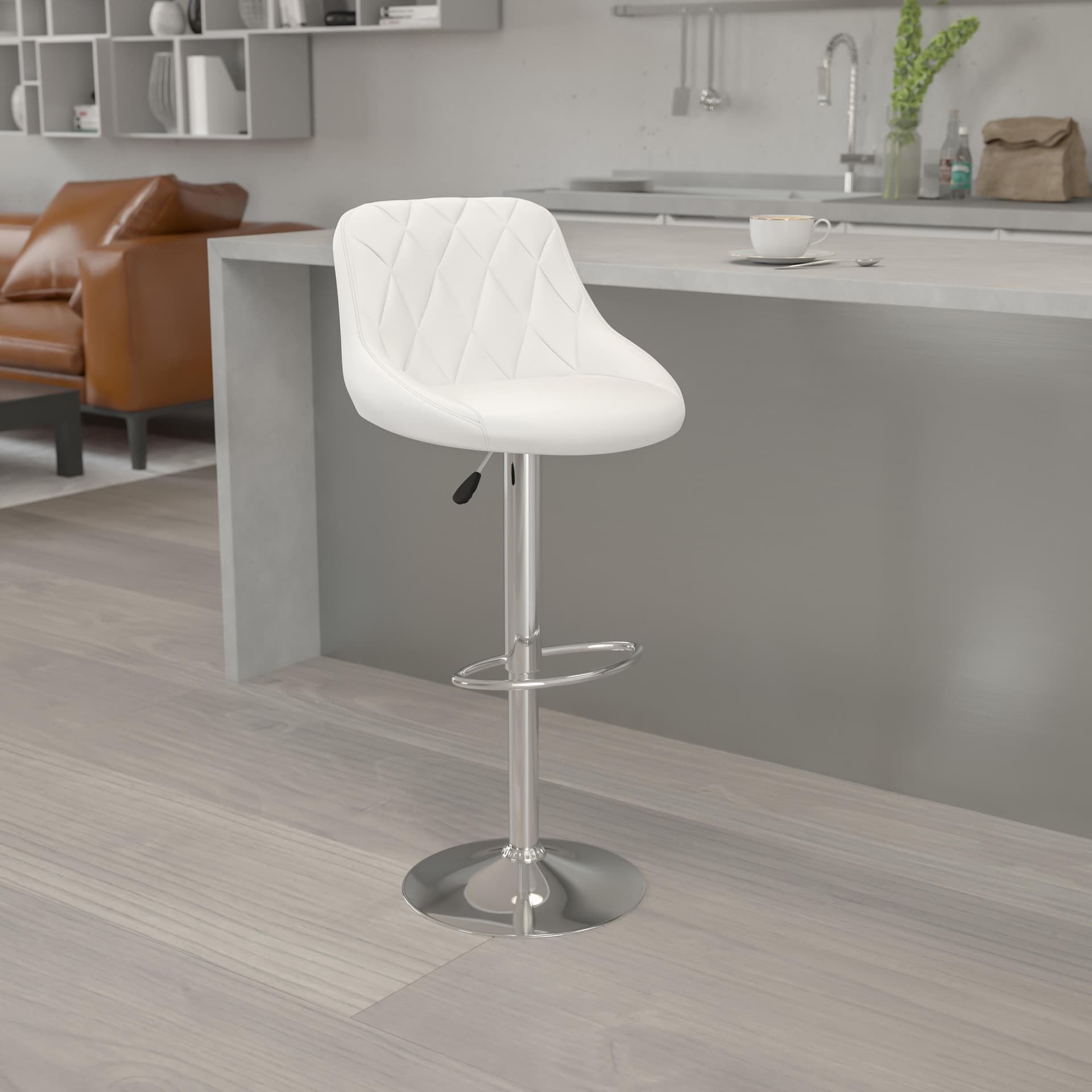White Vinyl Bucket Seat Adjustable Height Barstool with Diamond Pattern Back