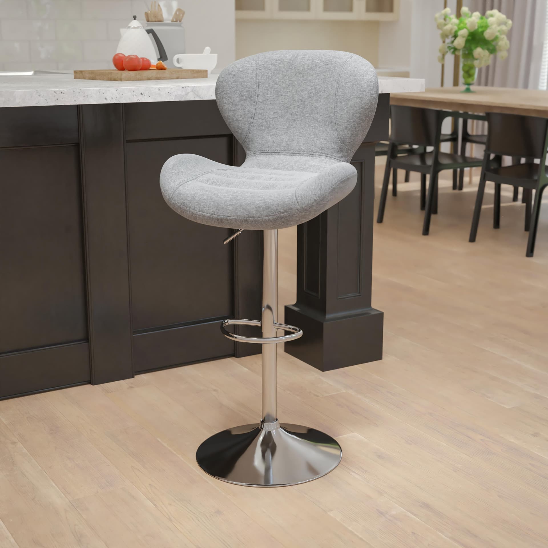 Contemporary Gray Fabric Adjustable Barstool with Curved Back & Chrome Base