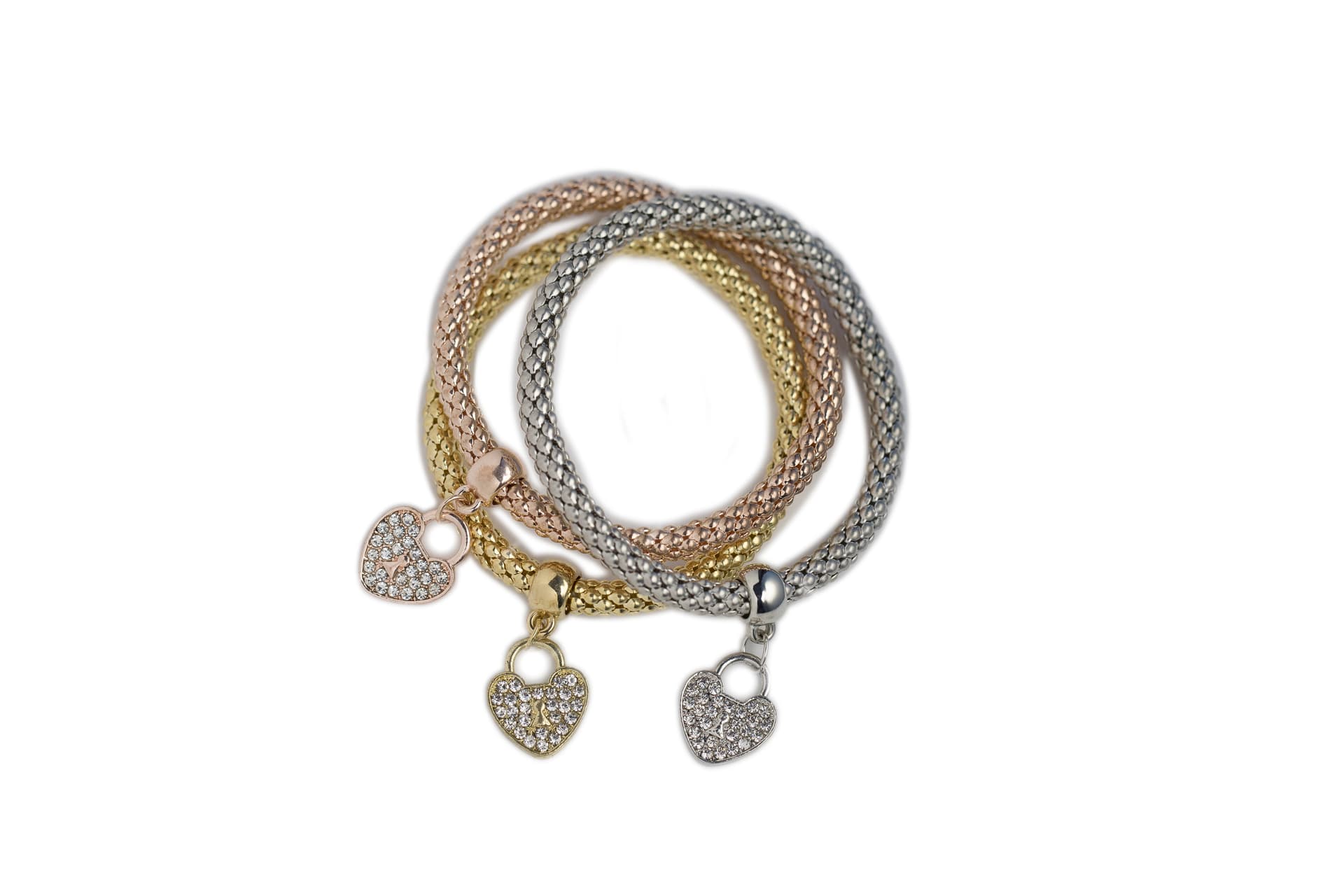 3 Piece Tri-Color Mesh Heart Bracelet Set