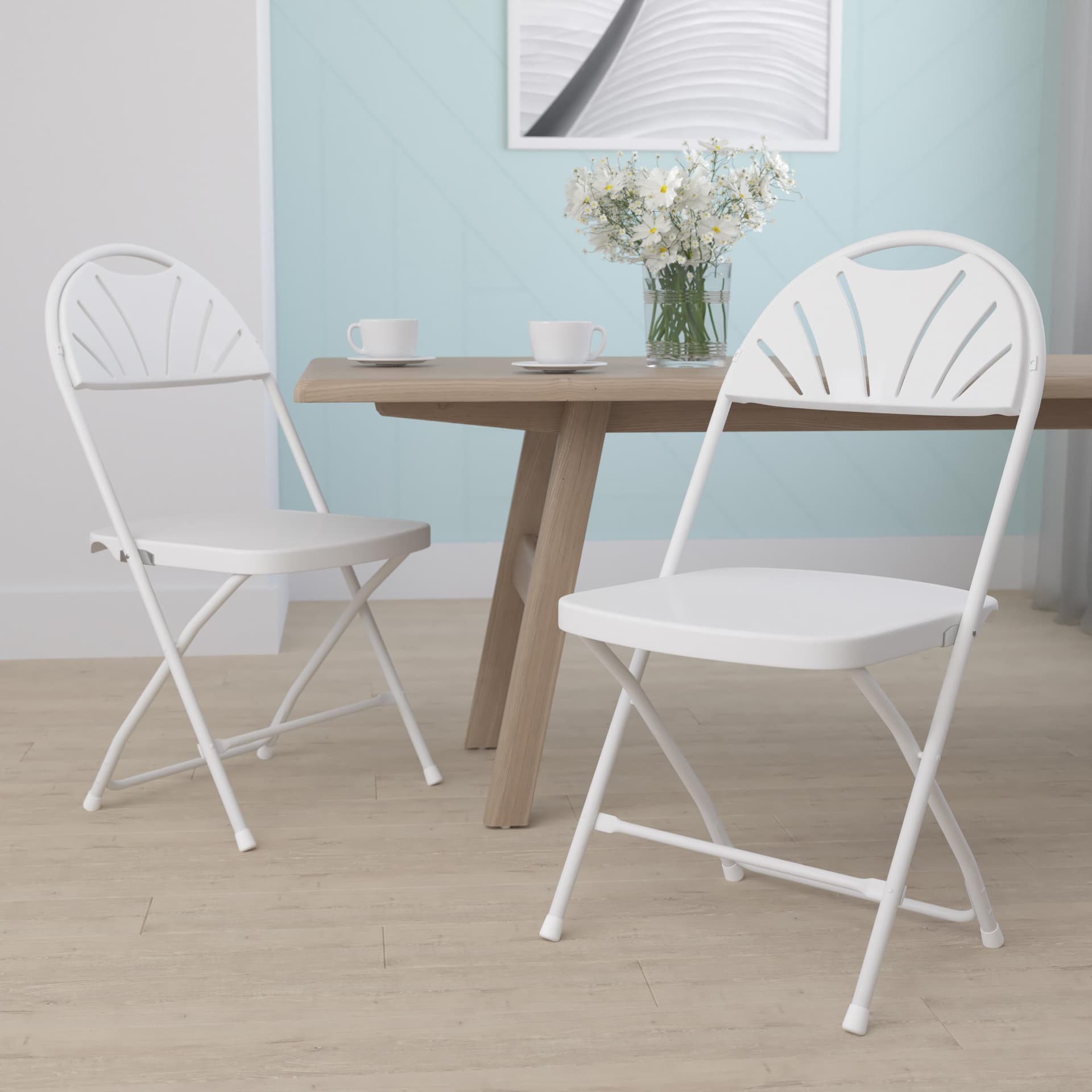 2PK 650 lb. Rated White Plastic Fan Back Folding Chair