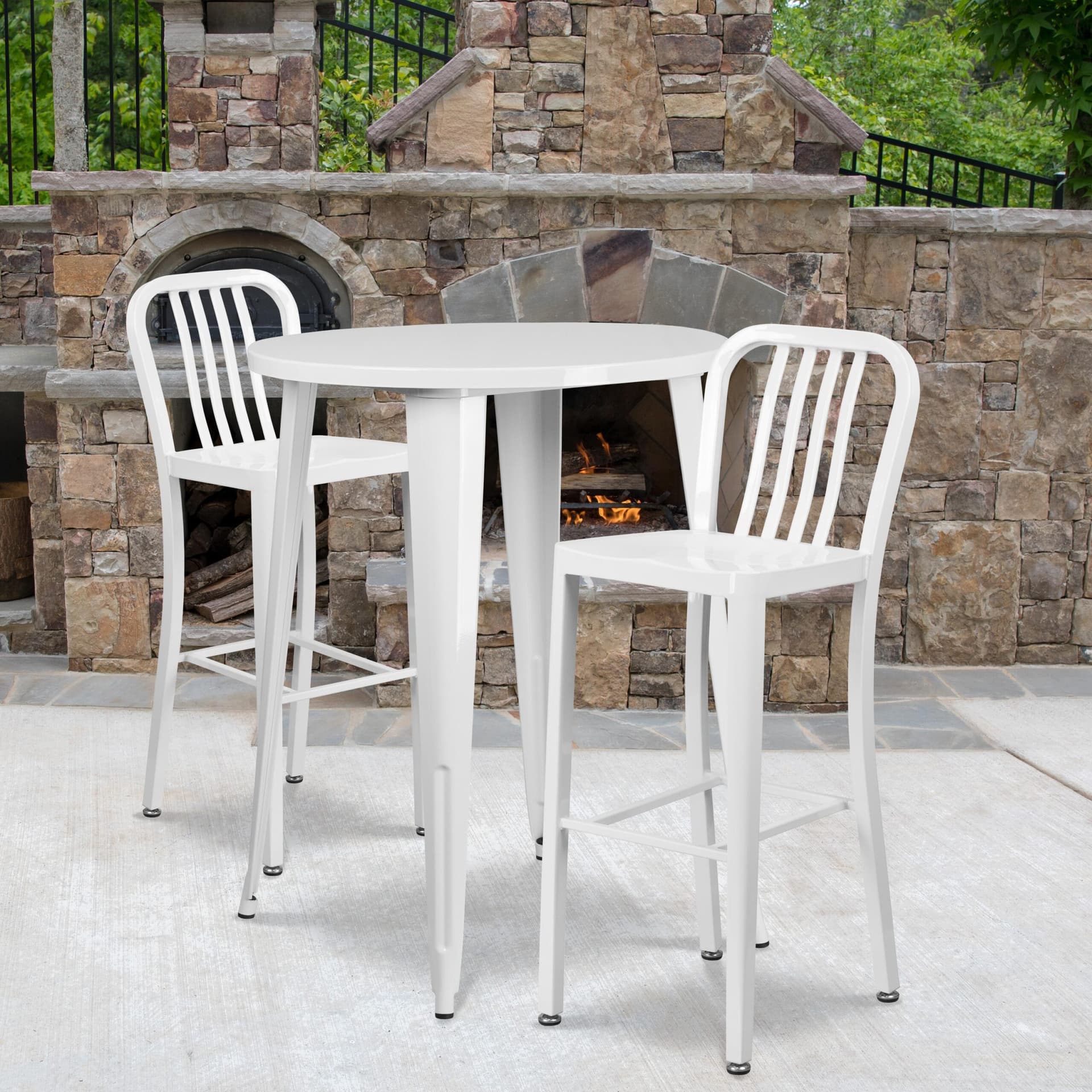 30" Round White Metal Indoor-Outdoor Bar Table Set with 2 Slat Back Stools