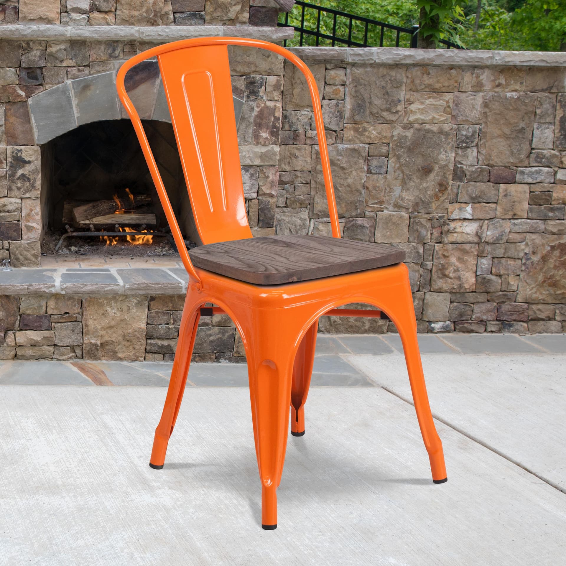 Orange Metal Stackable Chair with Wood Seat - Restaurant Chair - Bistro Chair