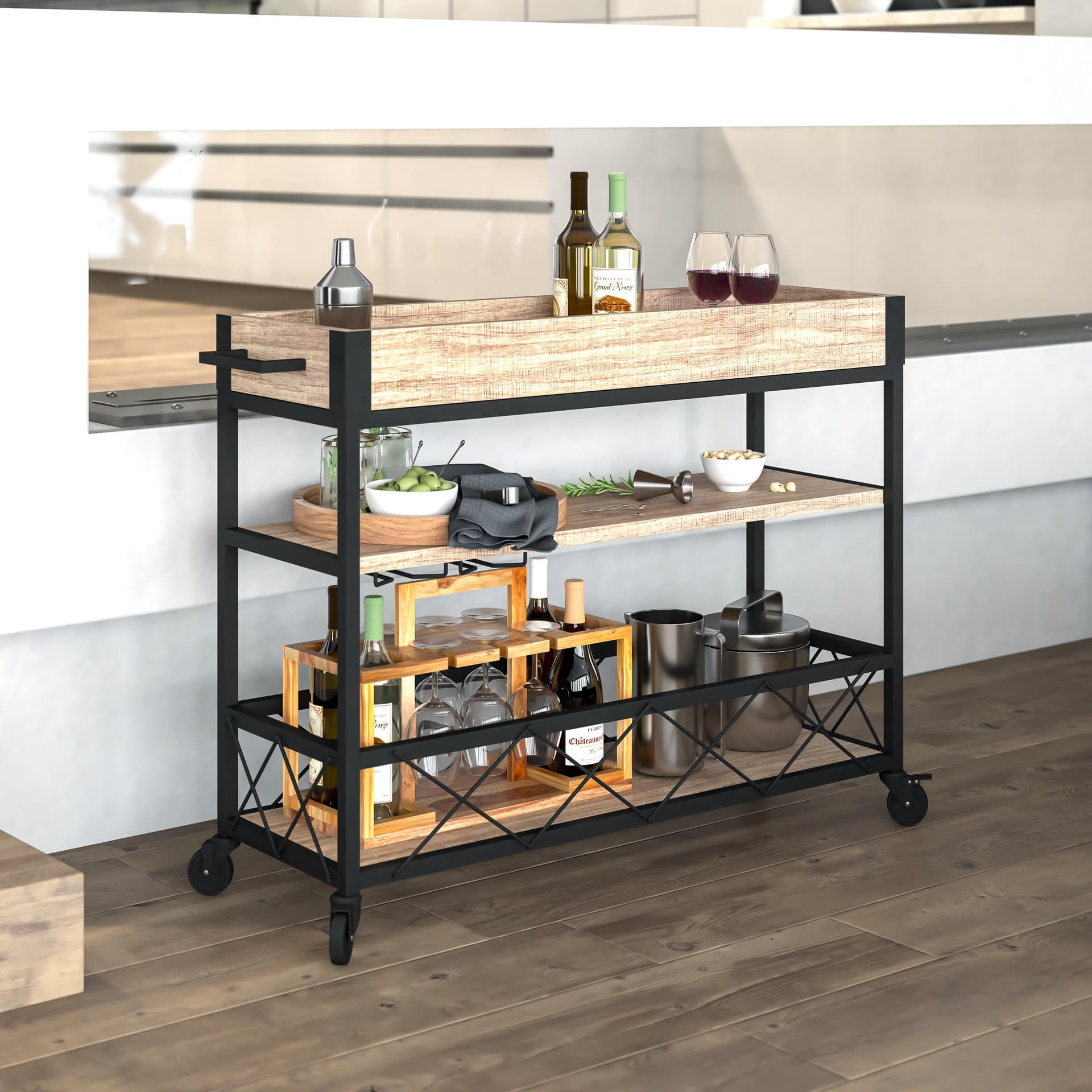 Aged Lt Oak Wood Kitchen Bar Cart with Stemware Rack & Panel Border Bottom Shelf