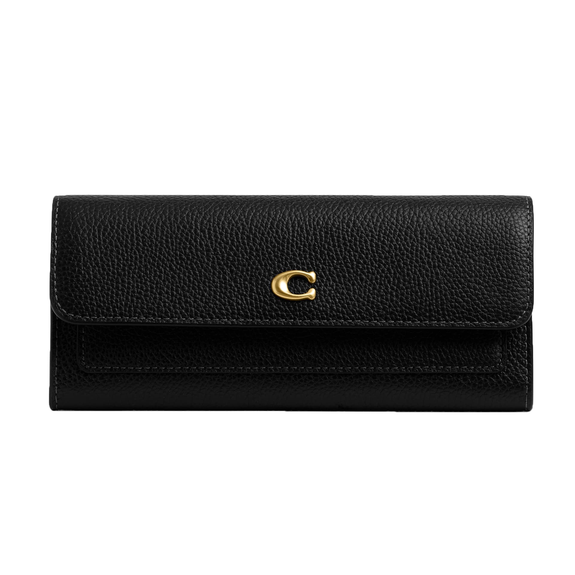Polished Pebble Leather Mila Long Wallet - Black/Brass