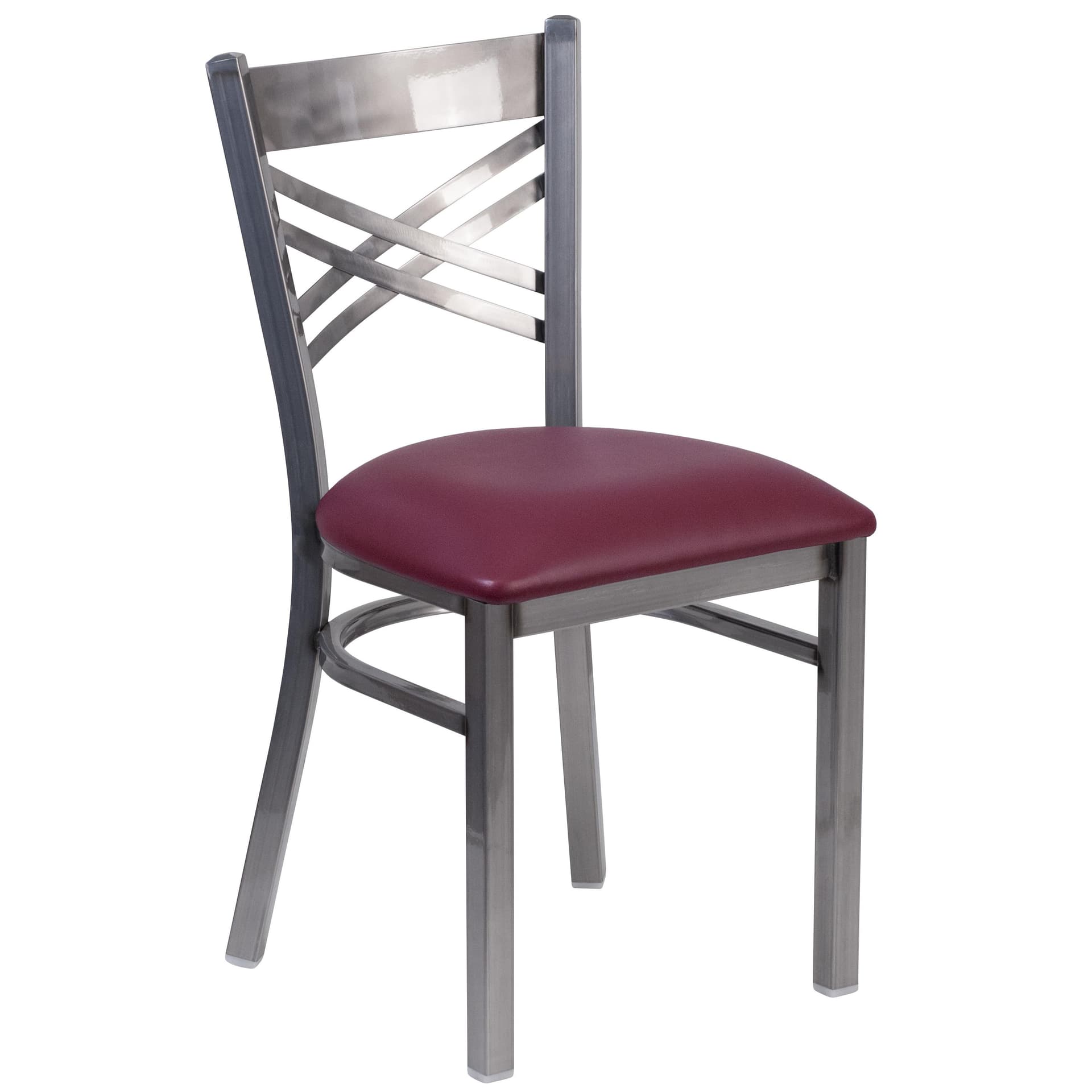 Clear Coated "X" Back Metal Restaurant Chair - Burgundy Vinyl Seat