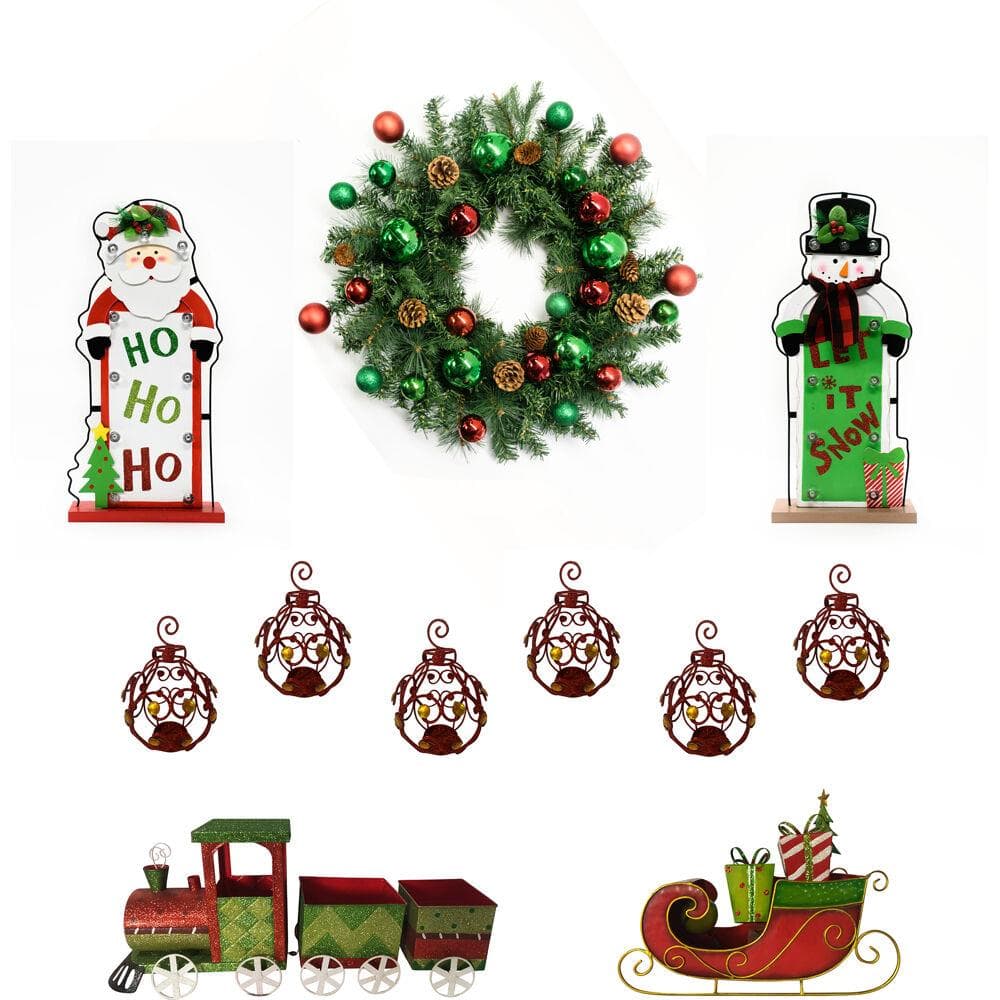 Bright Christmas 6-Piece Decorating Kit: Wreath, Train, Sleigh, Lighted Ho Ho Ho, Lighted Let it Sno