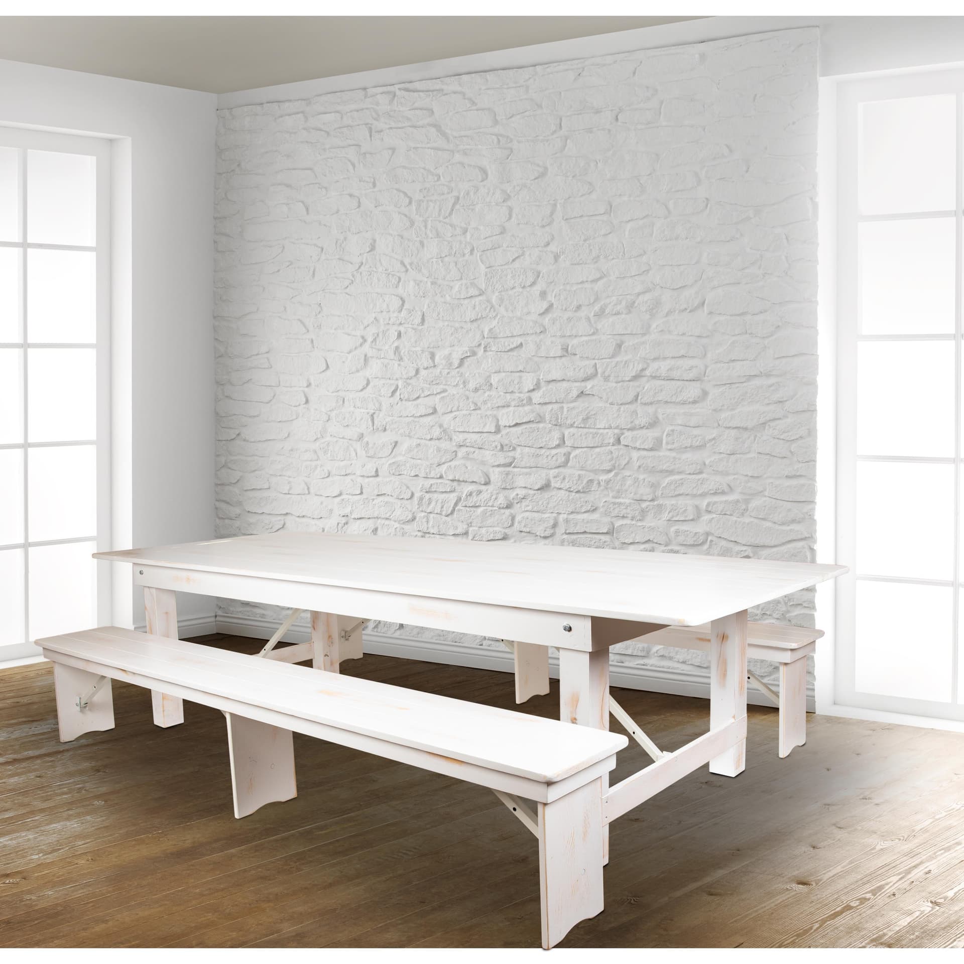 3 Piece Set-9' x 40" Antique Rustic White Folding Farm Table and Two Bench Set