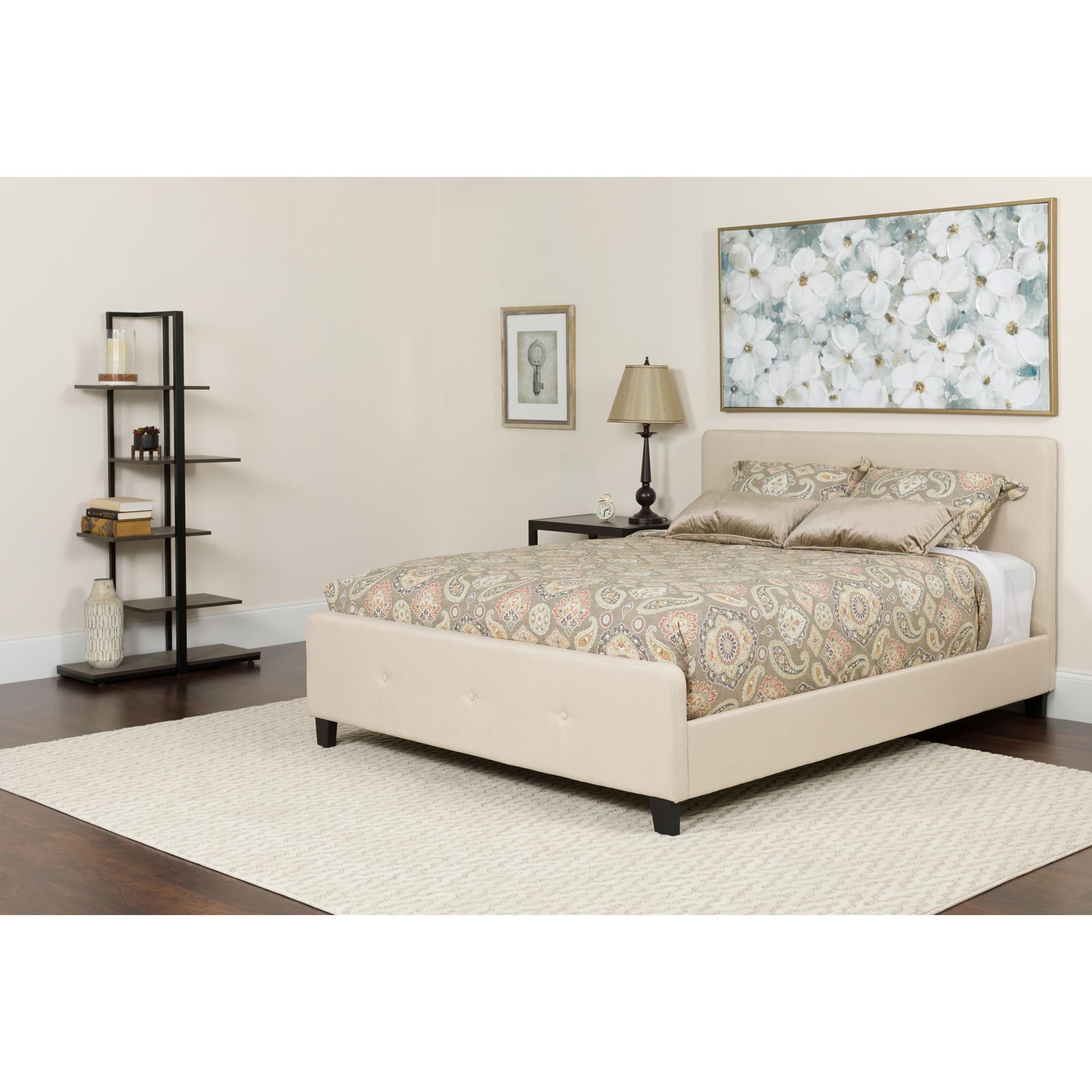 King Size Four Button Tufted Upholstered Platform Bed in Beige Fabric