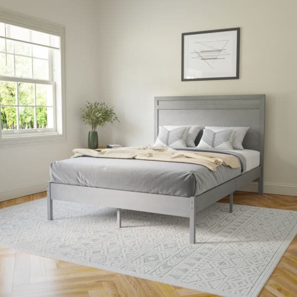 Solid Wood Platform Bed with Headboard and Wooden Slats in Dark Brown - Full