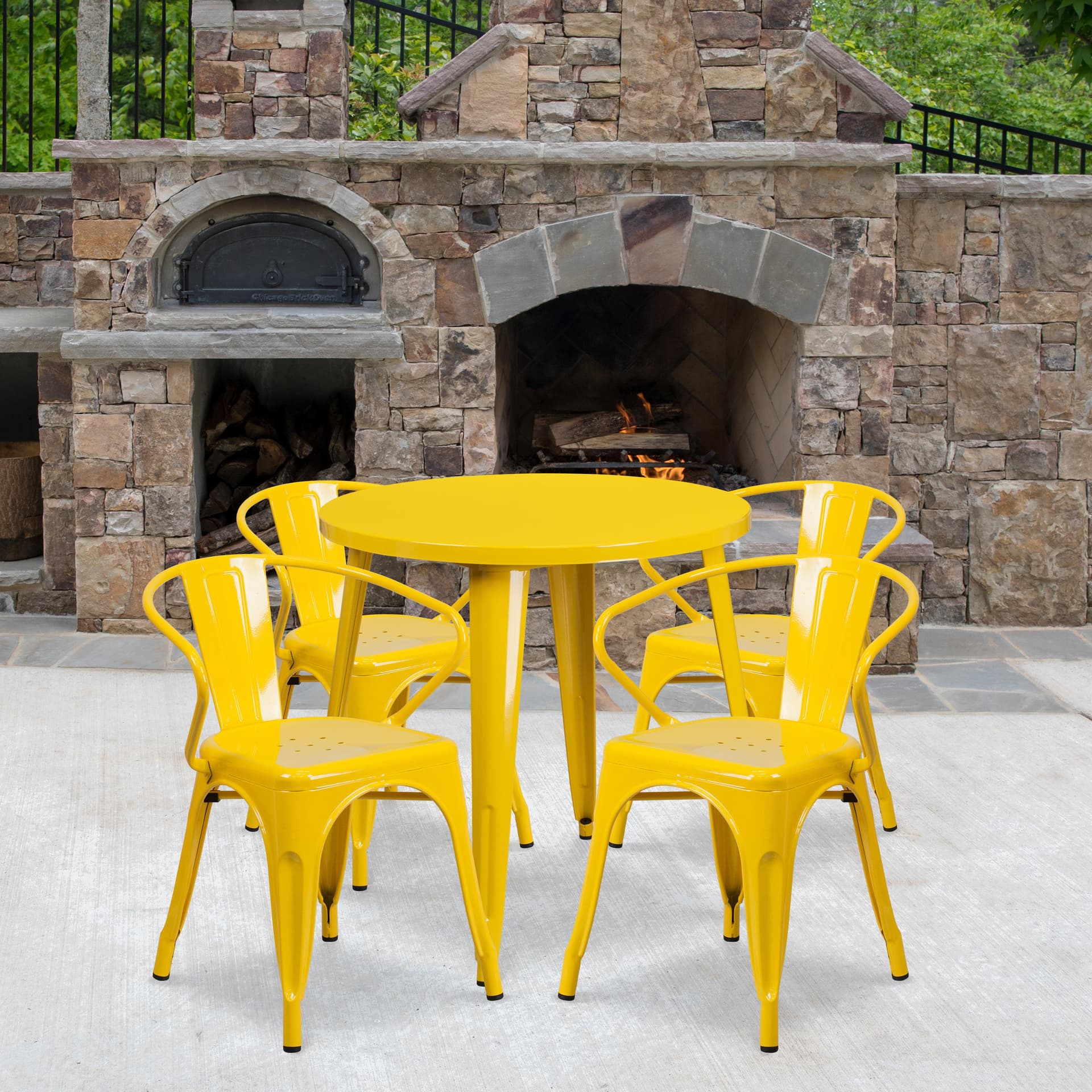 30" Round Yellow Metal Indoor-Outdoor Table Set with 4 Arm Chairs