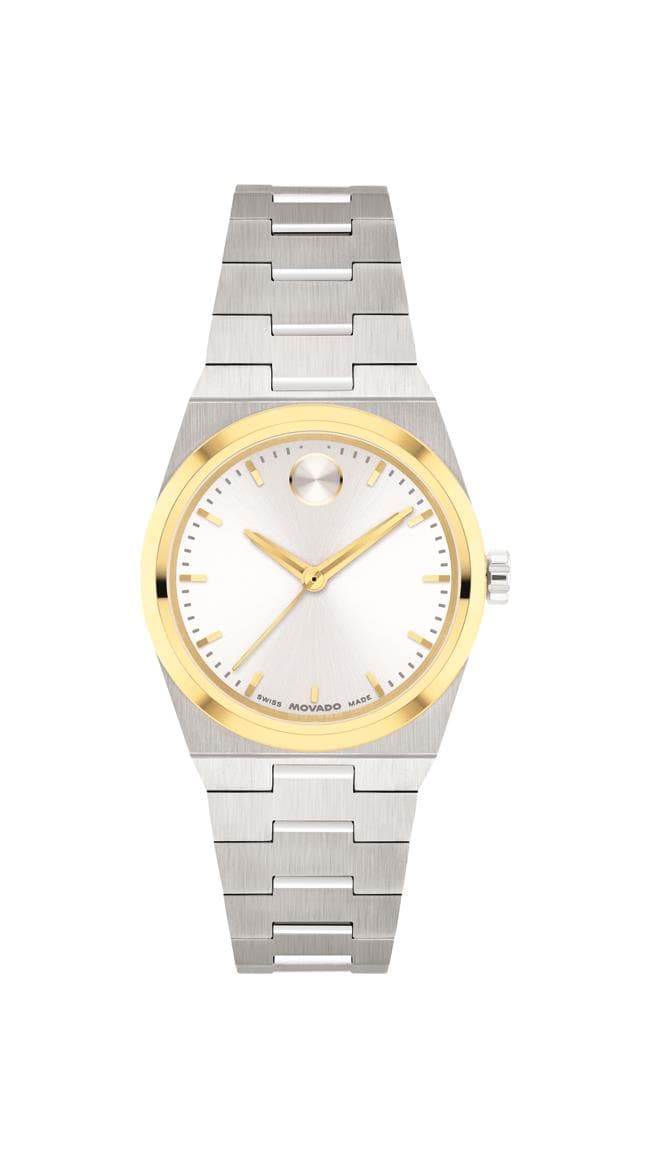 Movado Bold Quest Mini. Stainless Steel Case & Bracelet. YG PVD Bezel. White Dial