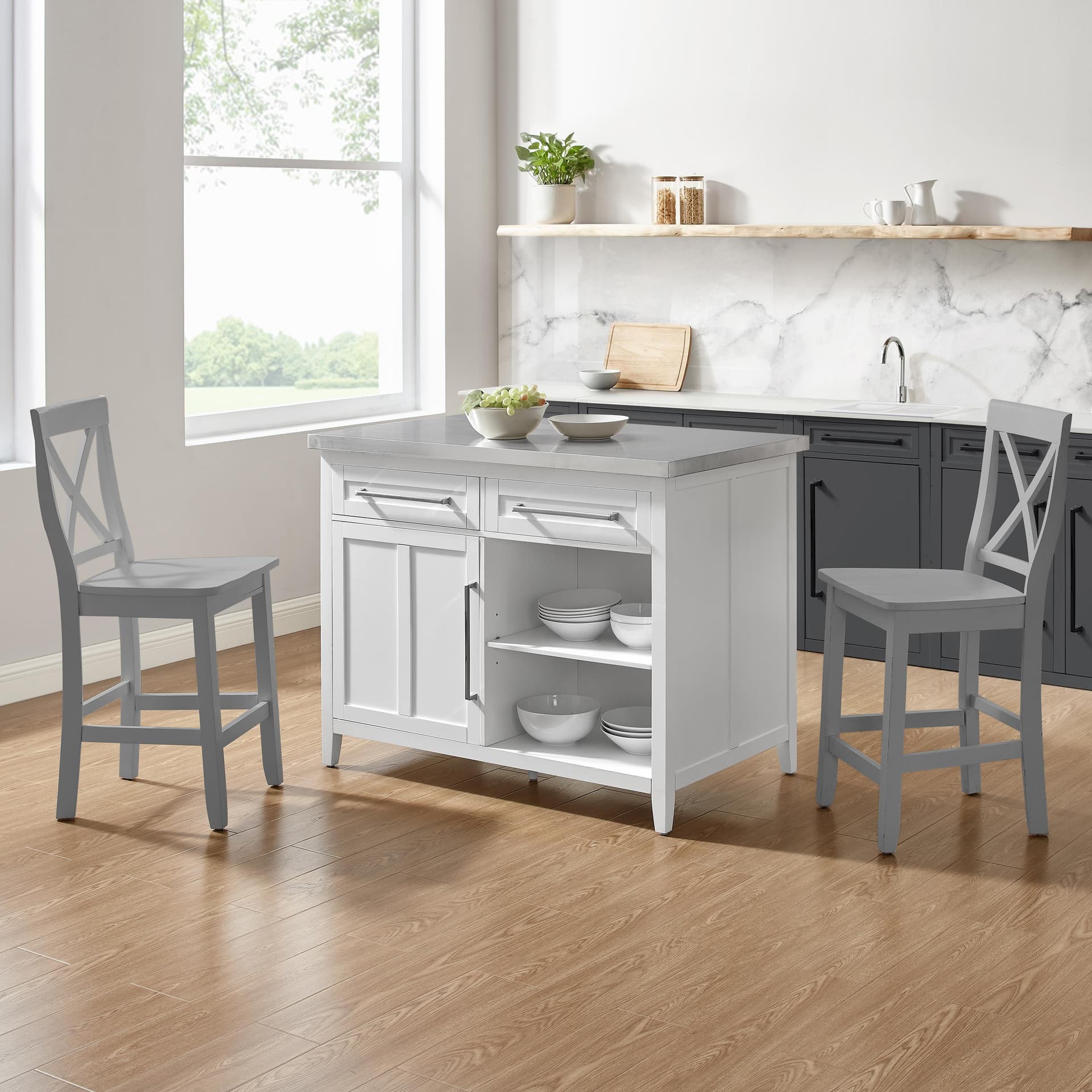Silvia Stainless Steel Top Kitchen Island W/X-Back Stools
