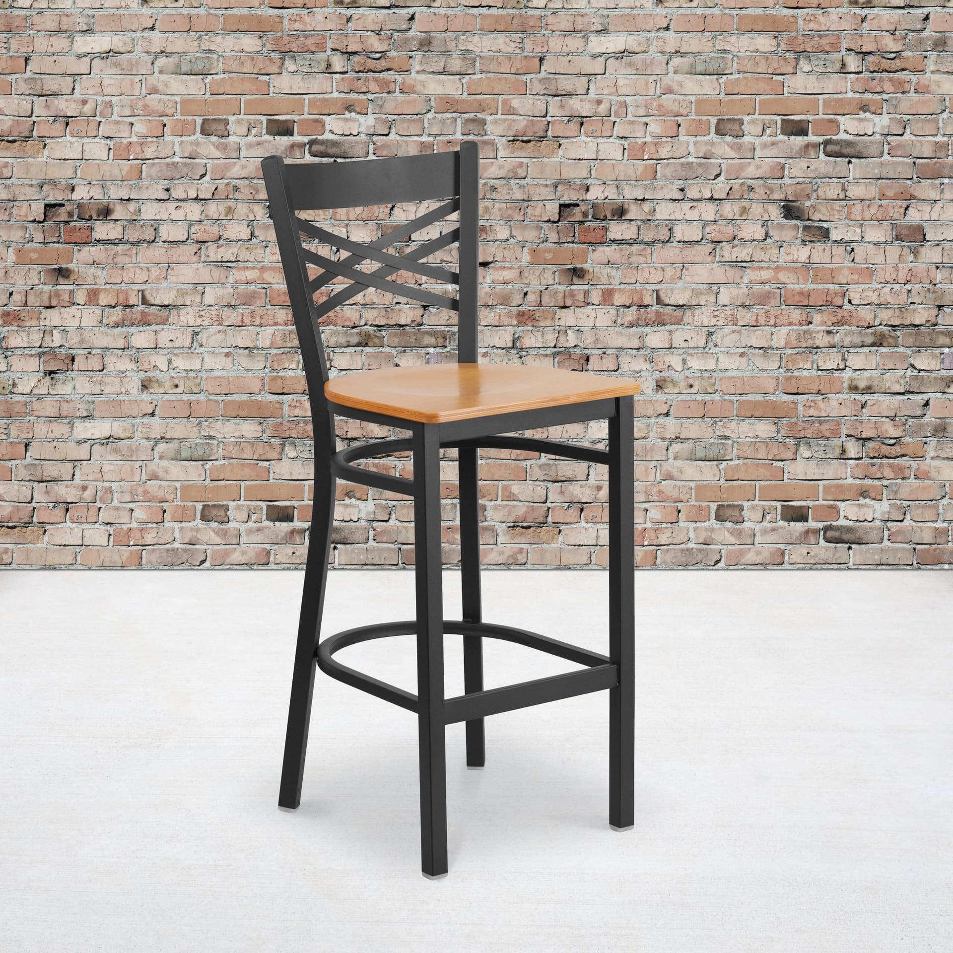 Black "X" Back Metal Restaurant Barstool - Natural Wood Seat