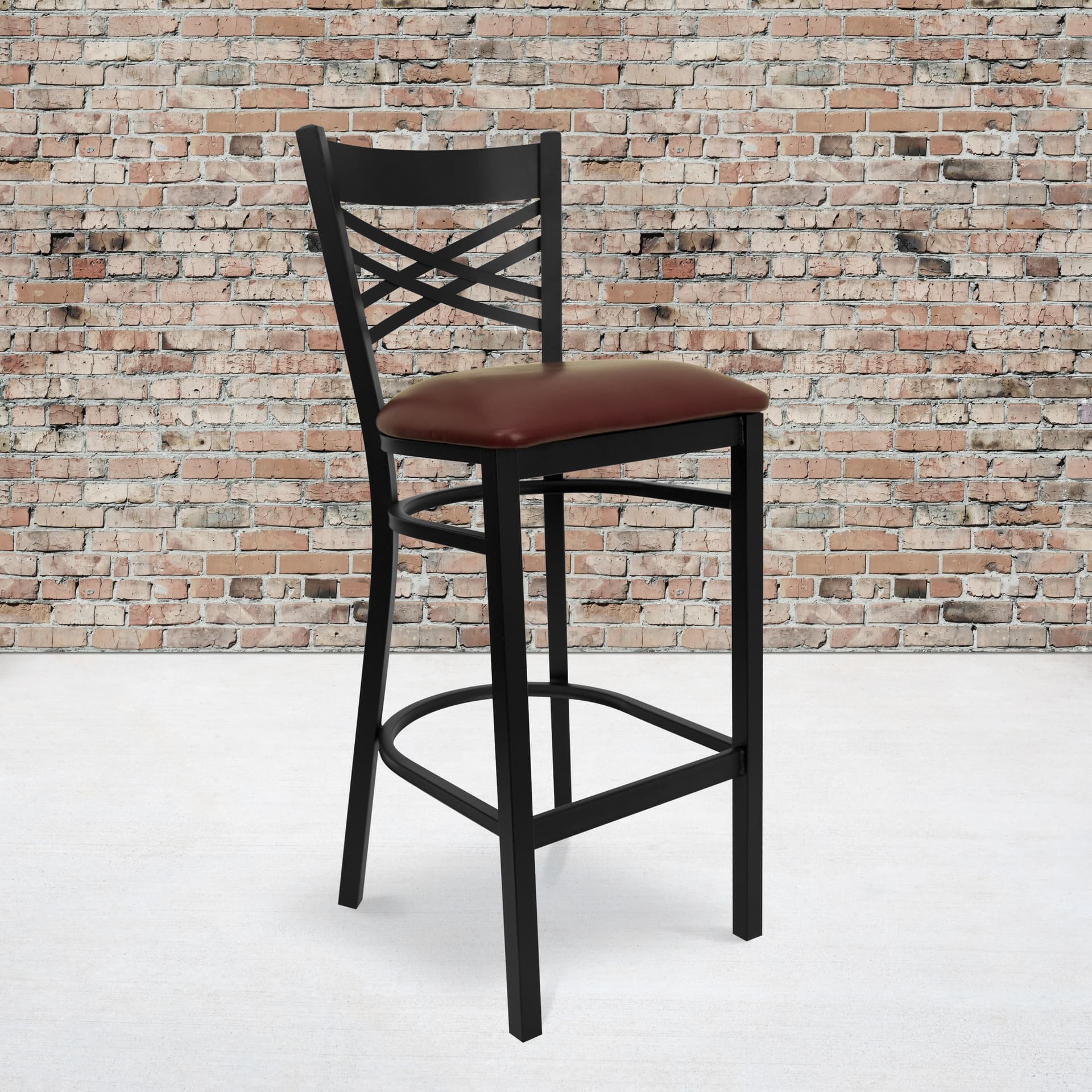 Black "X" Back Metal Restaurant Barstool - Burgundy Vinyl Seat