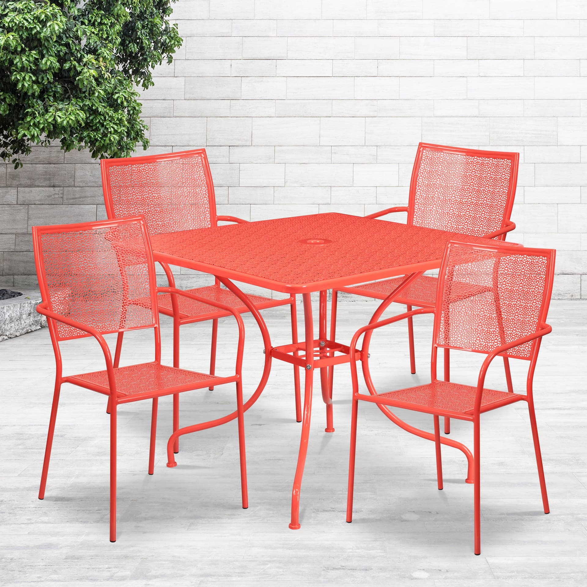 35.5" Square Coral Indoor-Outdoor Steel Patio Table Set w/ 4 Square Back Chairs