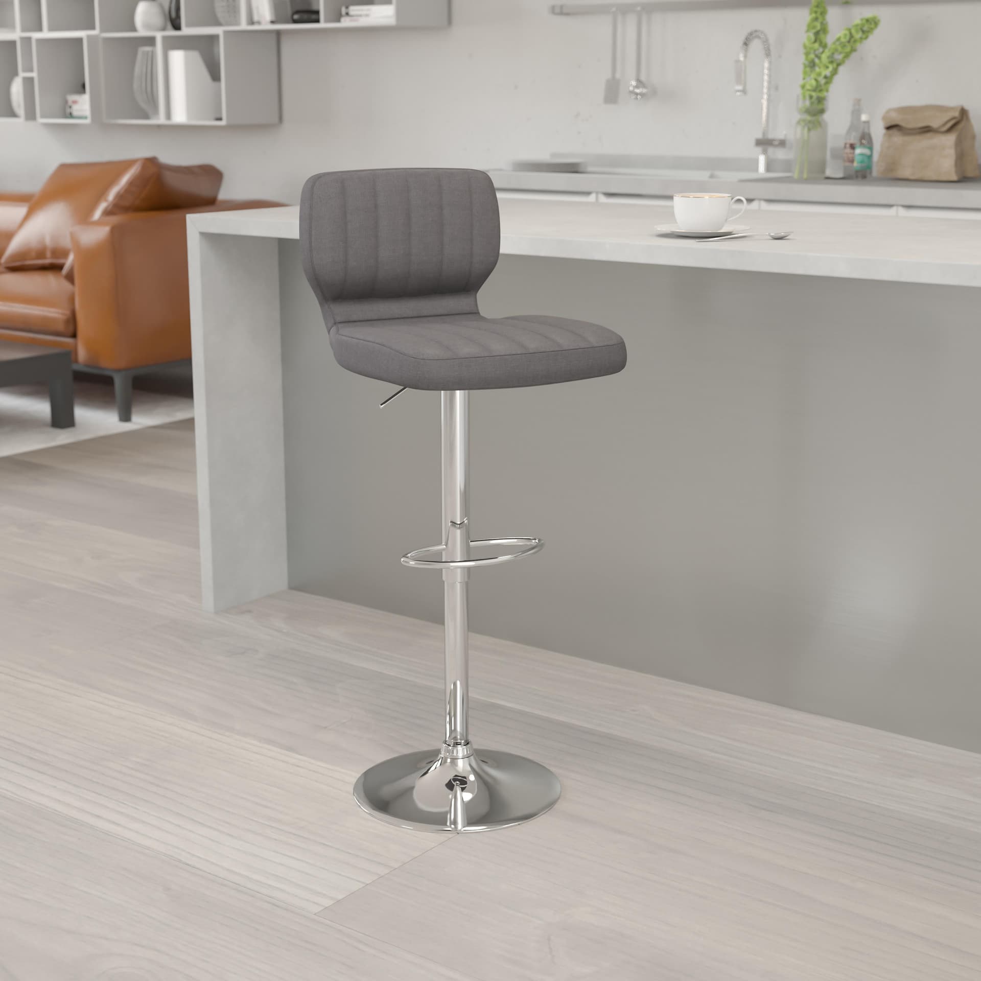 Gray Vinyl Adjustable Height Barstool w/ Vertical Stitch Back & Chrome Base