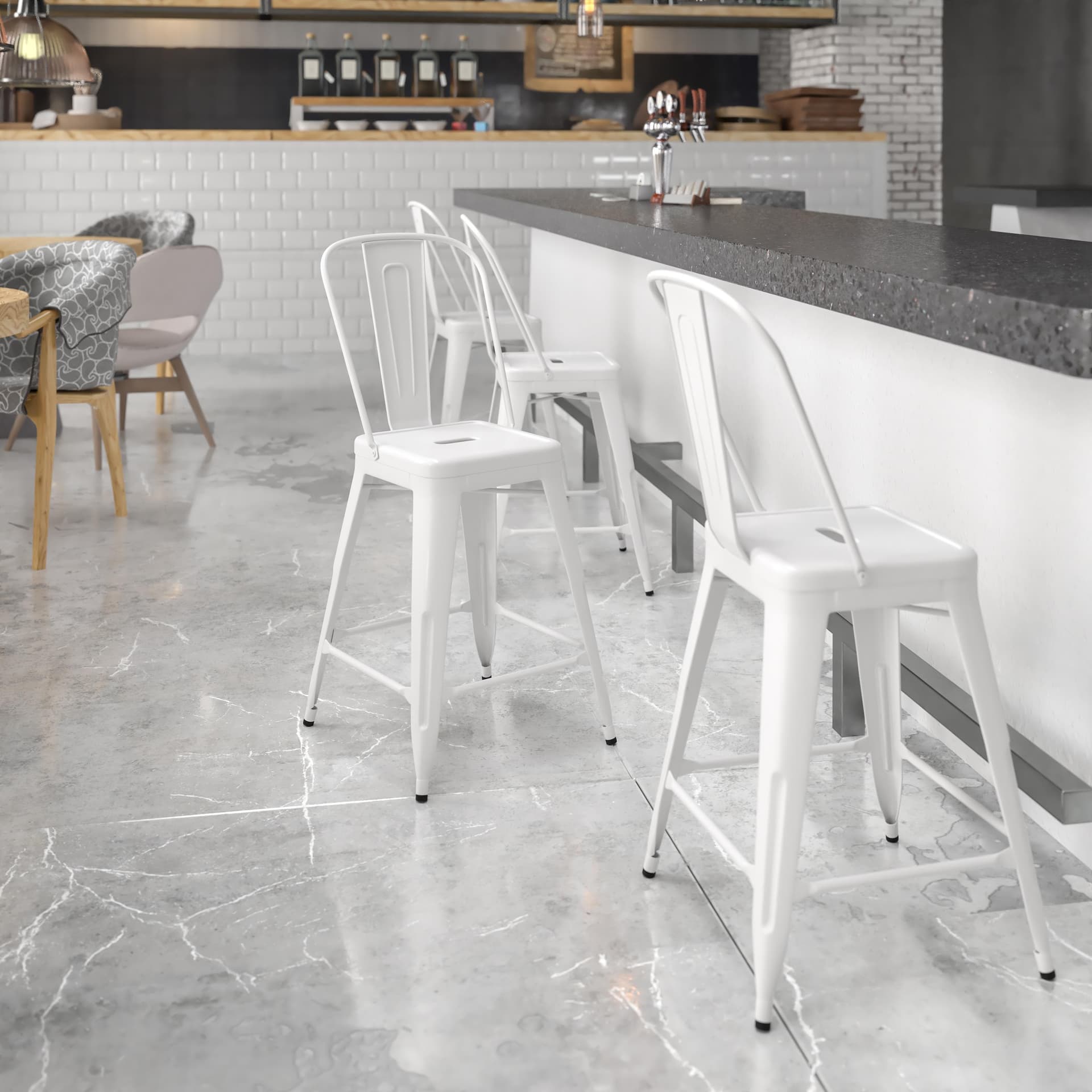 24" High White Metal Indoor-Outdoor Counter Height Stool with Back