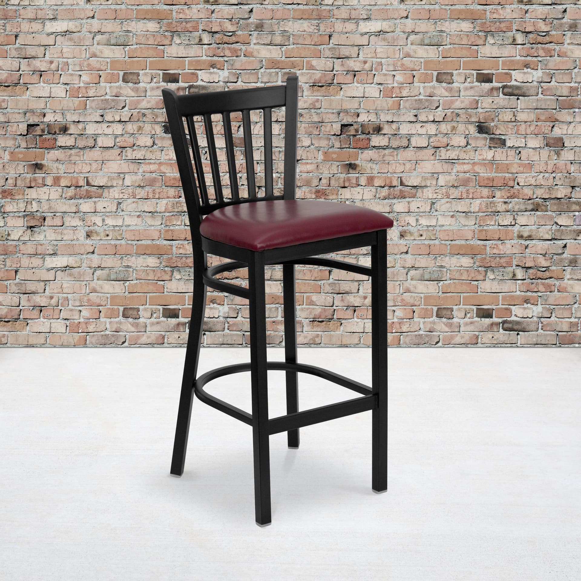 Black Vertical Back Metal Restaurant Barstool - Burgundy Vinyl Seat