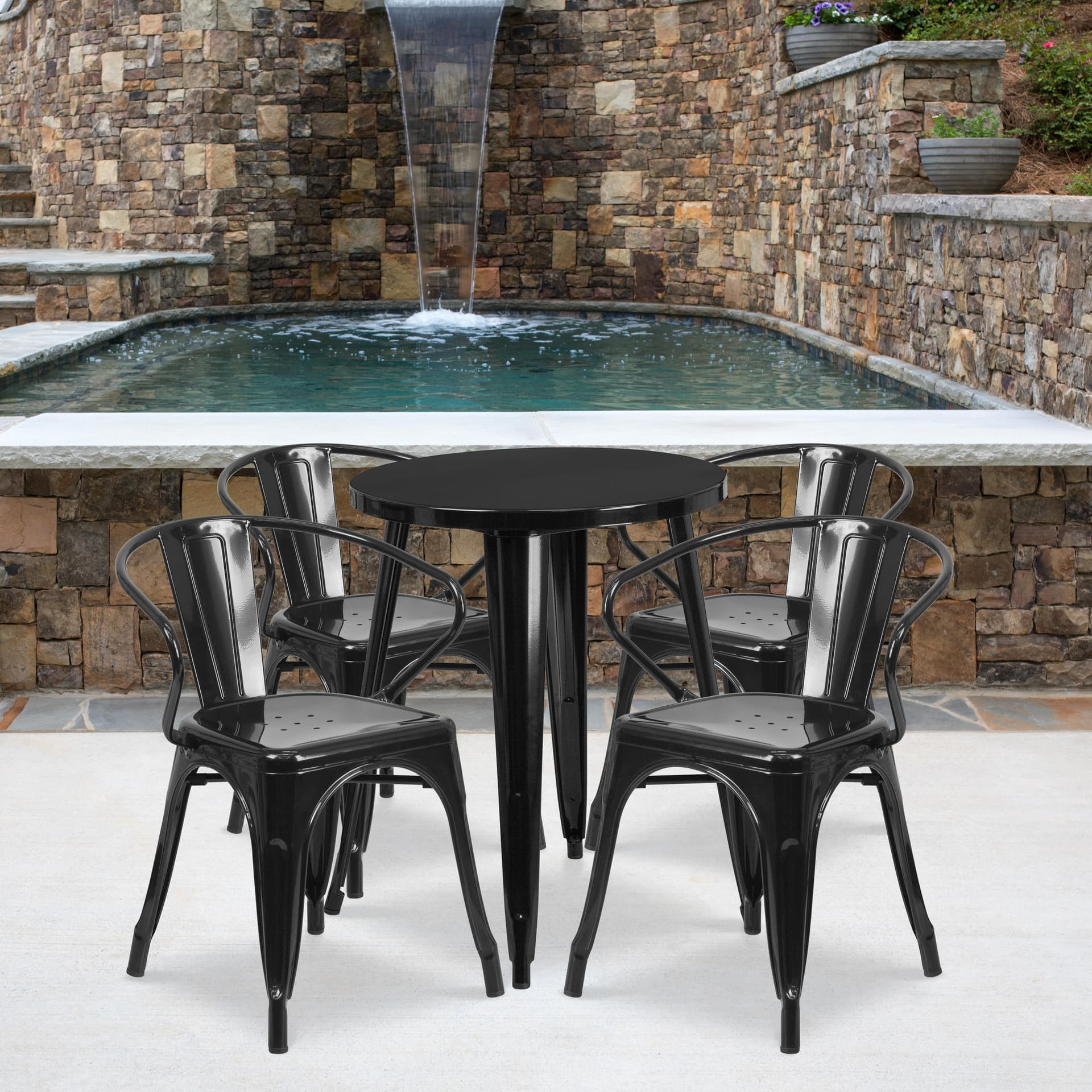 24" Round Black Metal Indoor-Outdoor Table Set with 4 Arm Chairs
