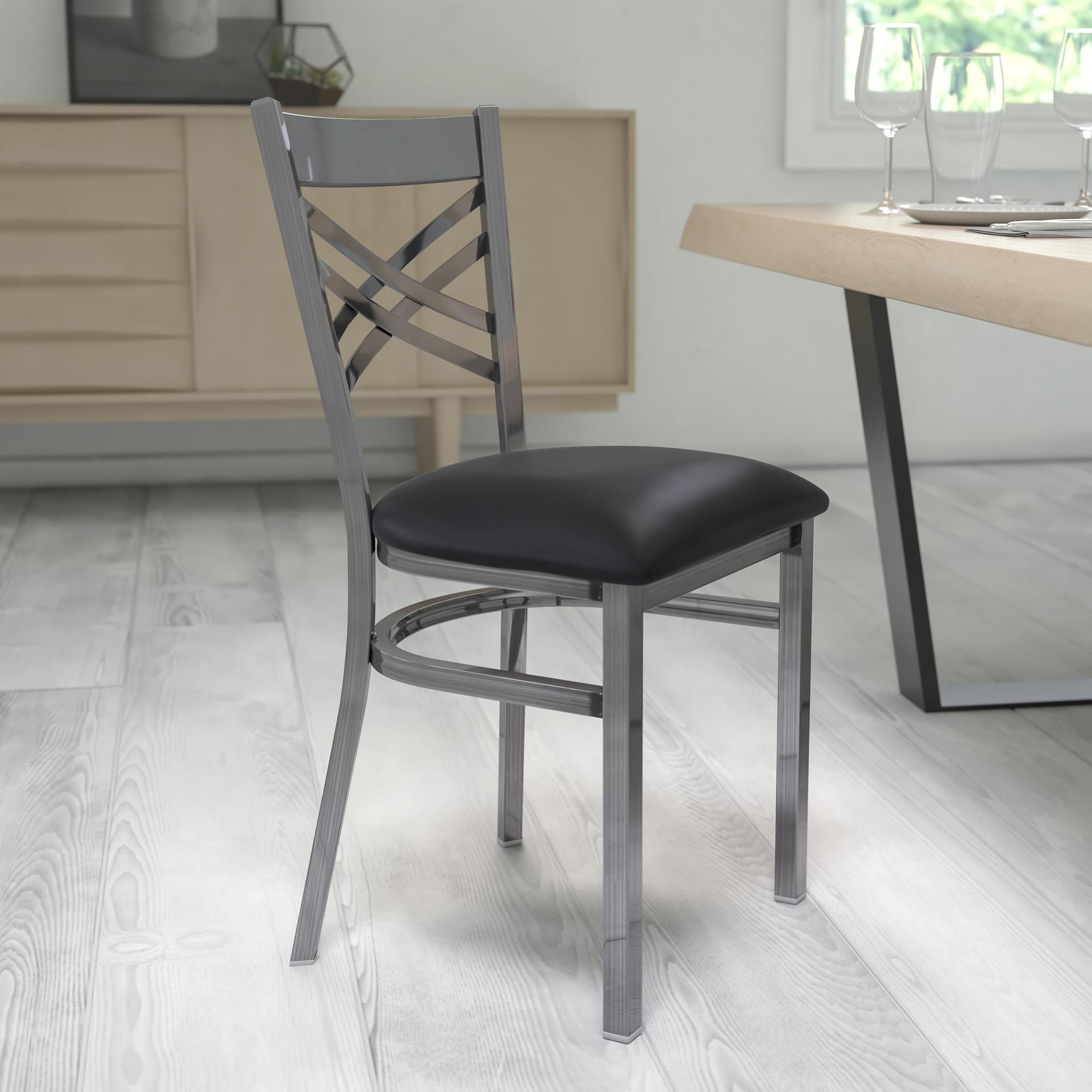 Clear Coated "X" Back Metal Restaurant Chair - Black Vinyl Seat