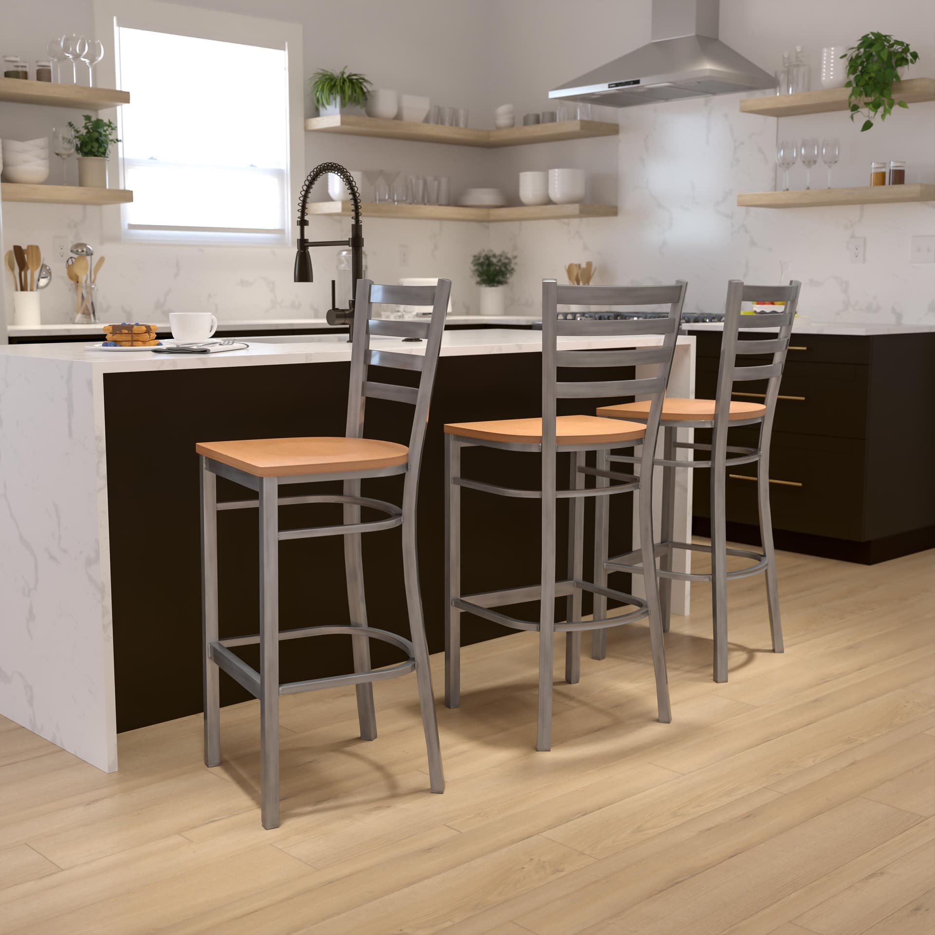 Clear Coated Ladder Back Metal Restaurant Barstool - Natural Wood Seat