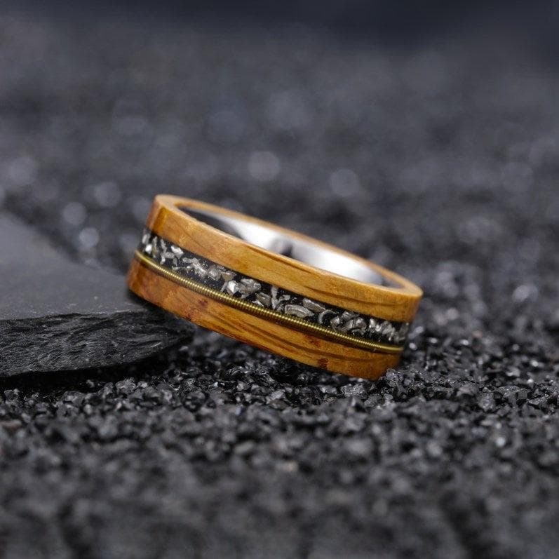 Paul - Tungsten + Whiskey Barrell & Guitar String & Crushed Meteorite Ring Size 10