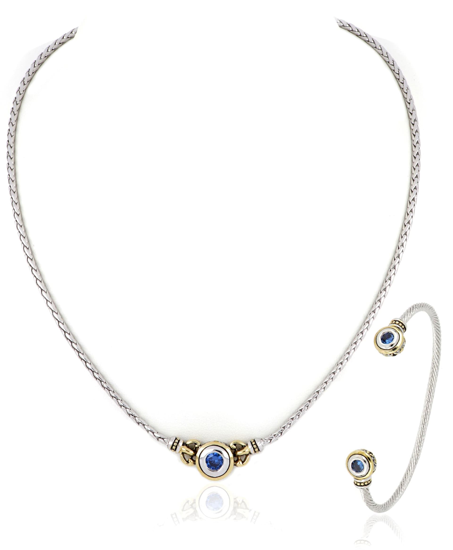Beijos 6mm CZ Single Stone Necklace & Cuff Bracelet Sapphire. N5027-A203 & B5029-A200