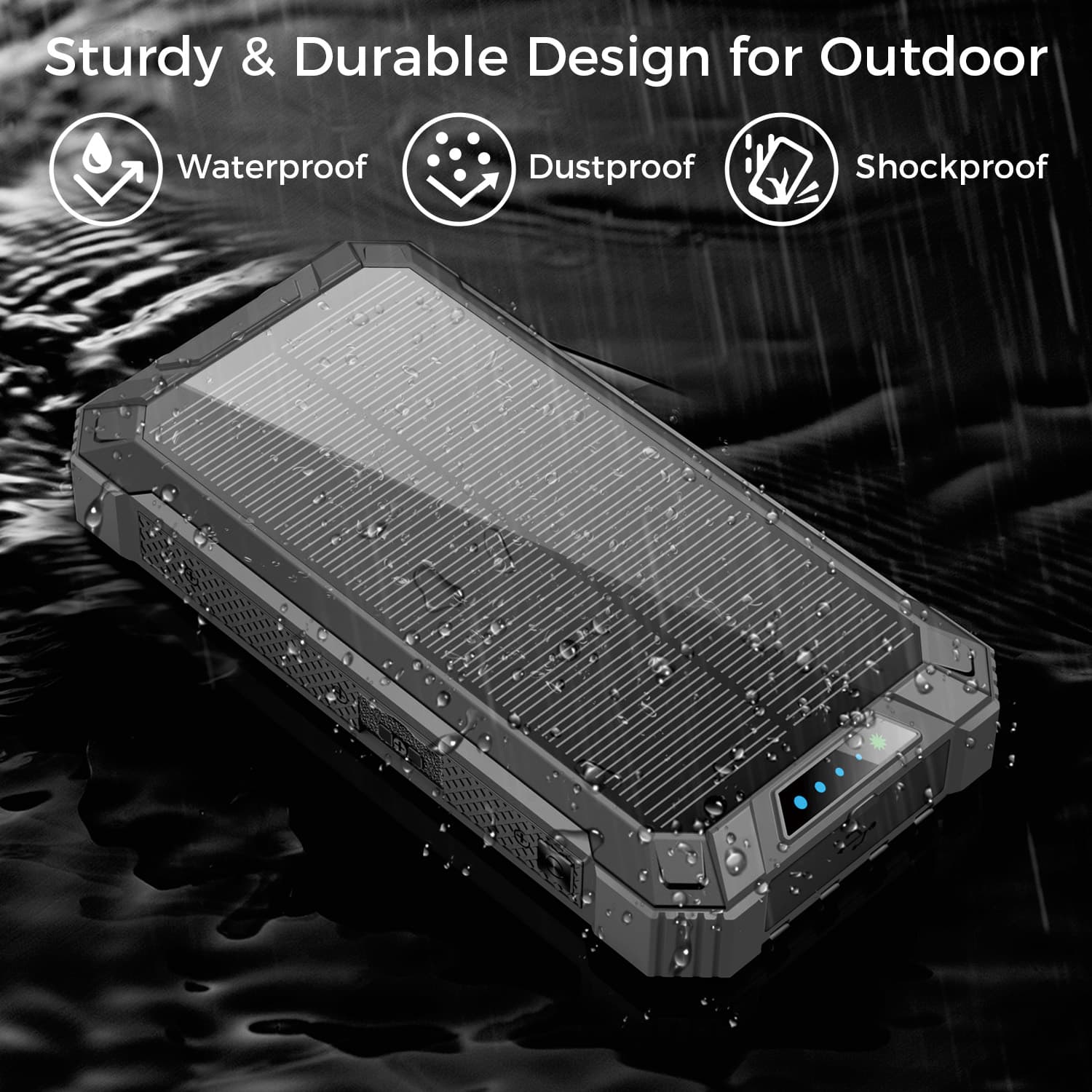 Portable Power Bank w/ Wireless Charging, Built-in 4 Cables, Solar Panel, 20000mAh Battery, IP65 Waterproof, Dustproof, Dual LED Flashlight, Great for iPhone, Samsung, Smart Phones