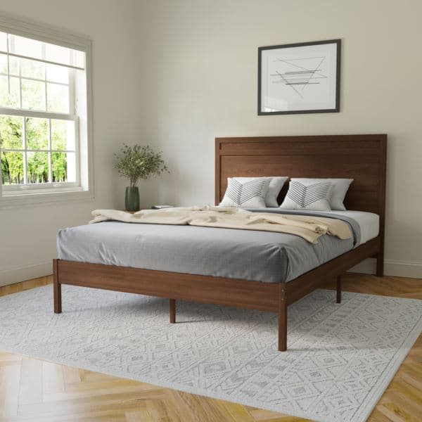 Solid Wood Platform Bed with Headboard and Wooden Slats in Light Brown - Queen
