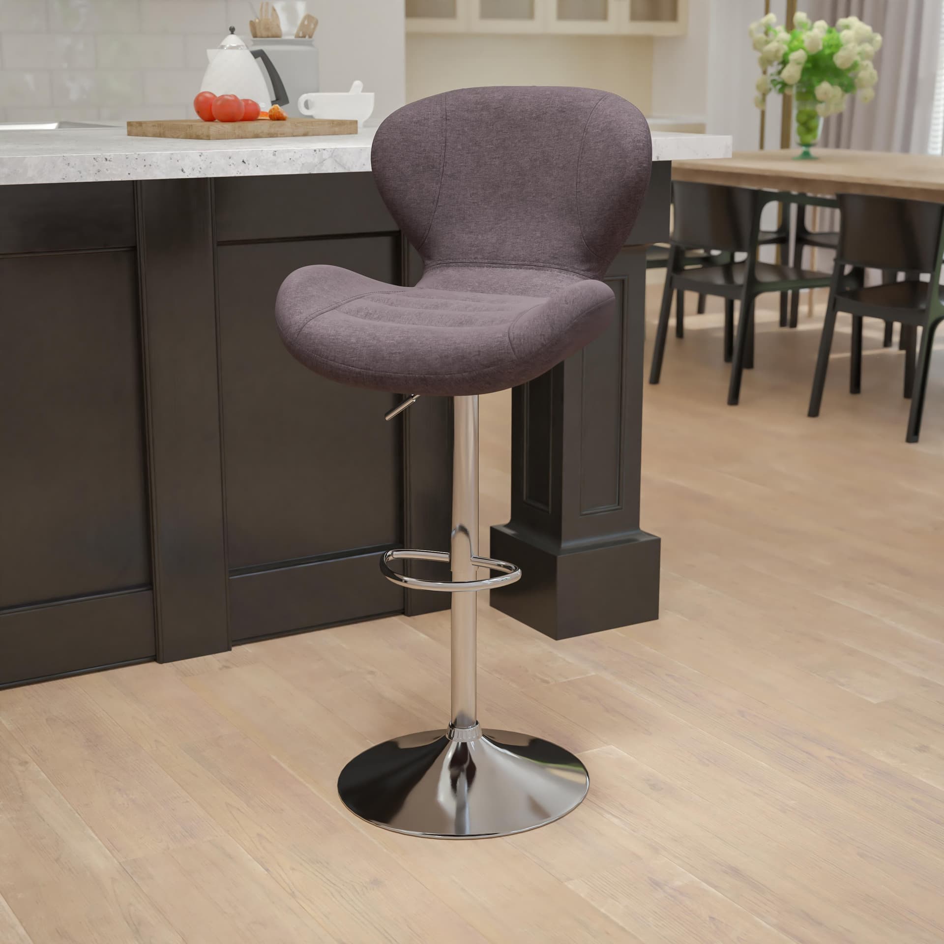 Contemporary Charcoal Fabric Adjustable Barstool with Curved Back & Chrome Base