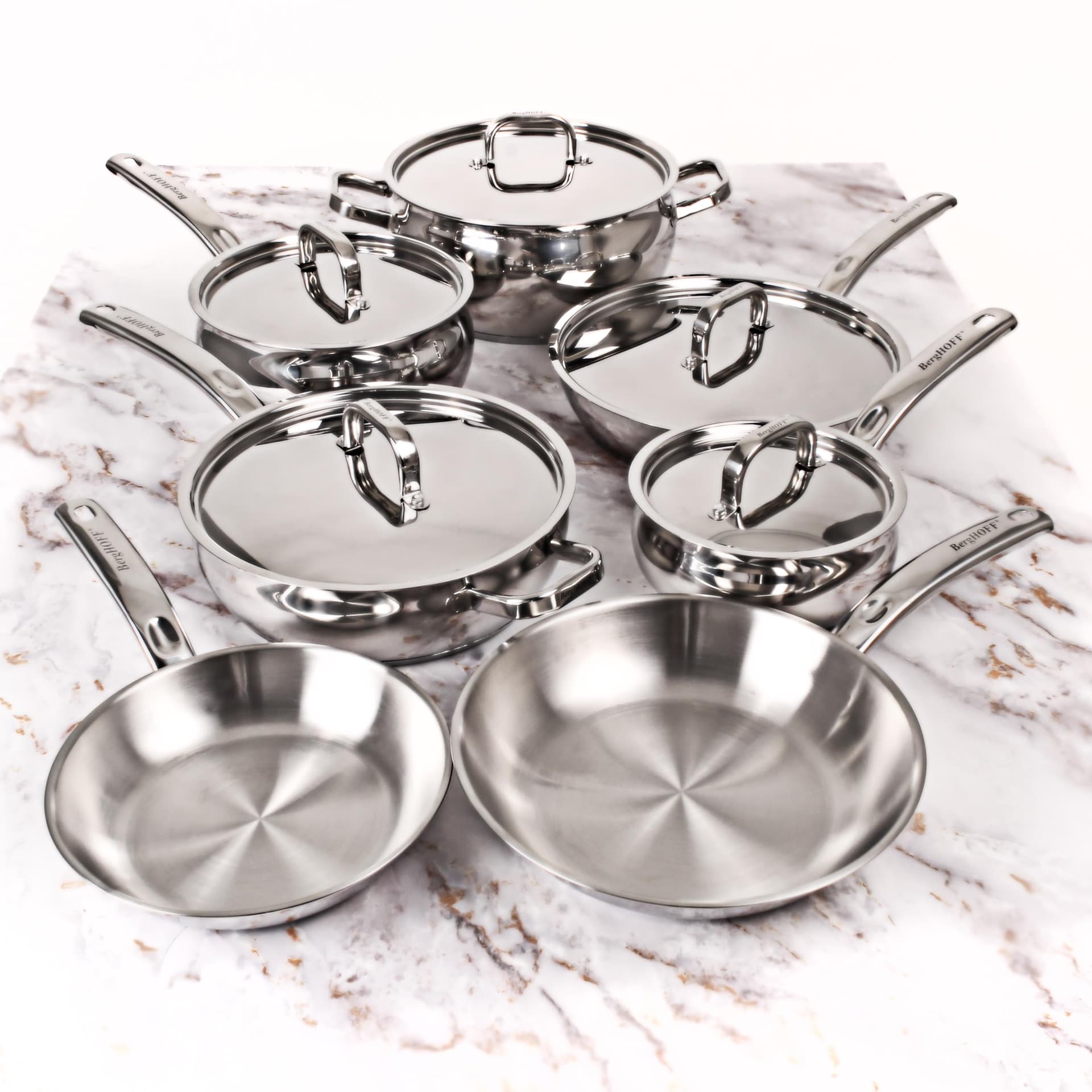 Belly Shape 12pc 18/10 SS Cookware Set, Metal Lids
