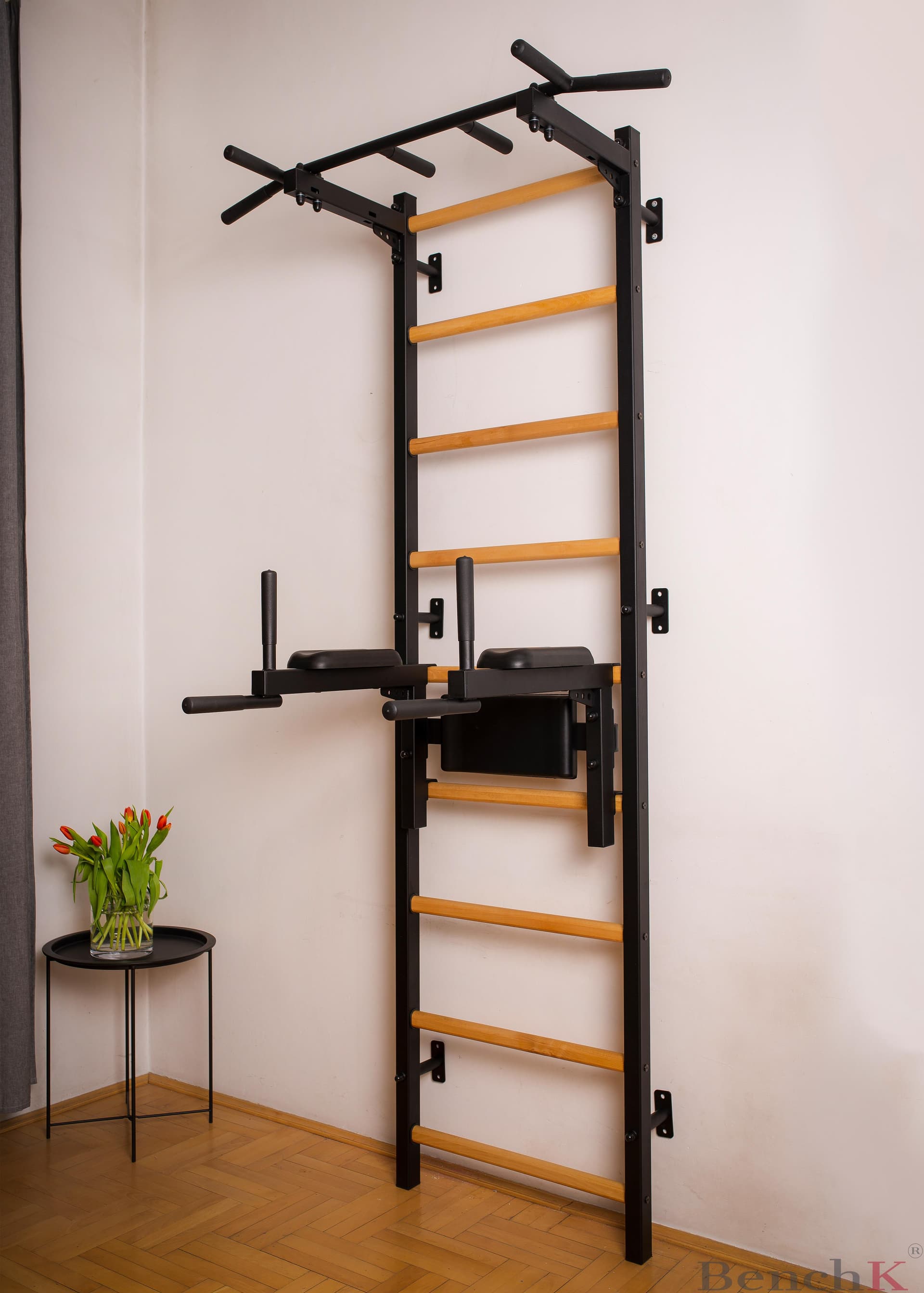 Black stall bar for home with pull-up bar and dip station BenchK 722W