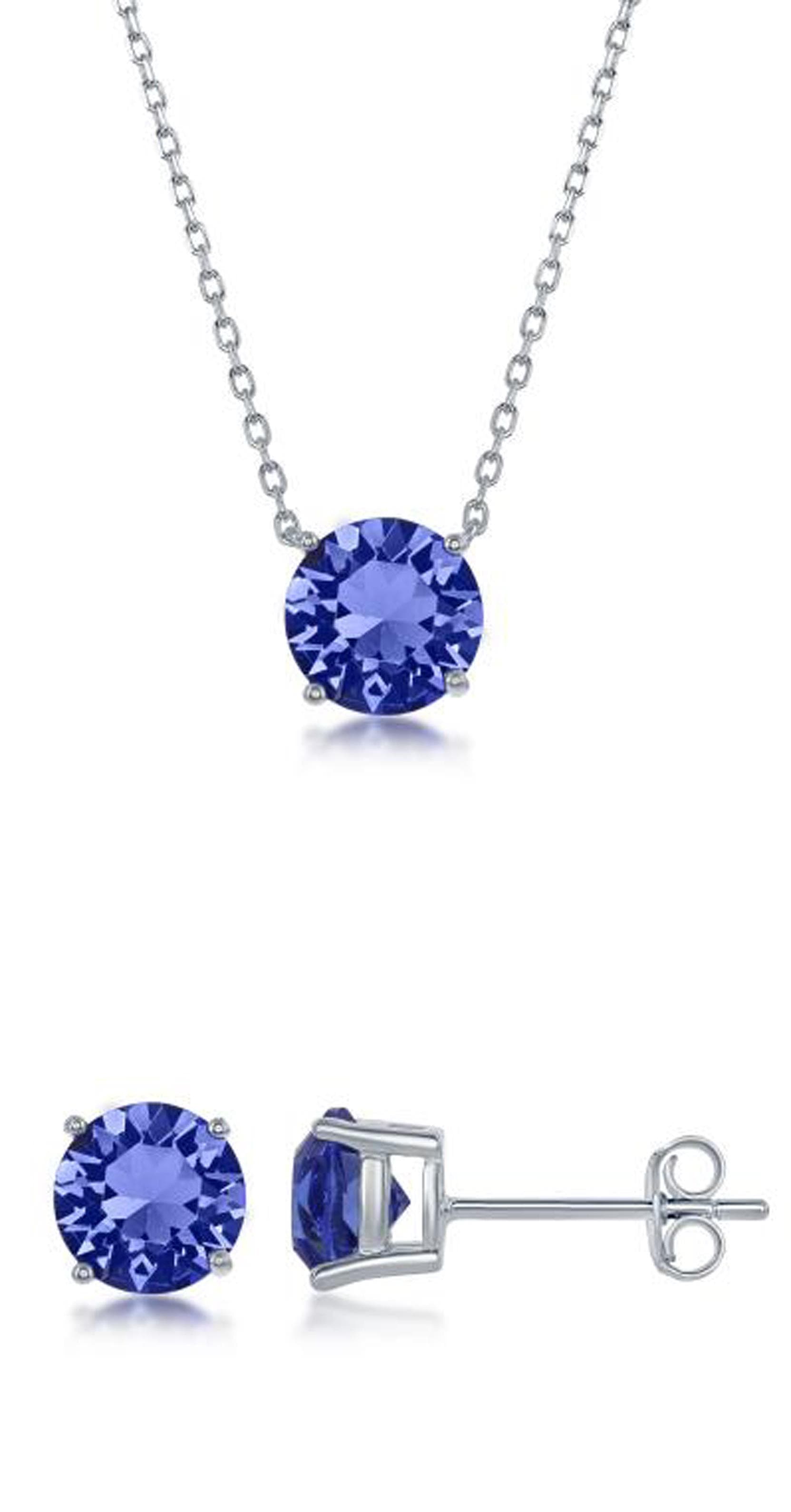 Sterling Silver & Sapphire "September" Swarovski Crystal Post Earrings And Necklace Set