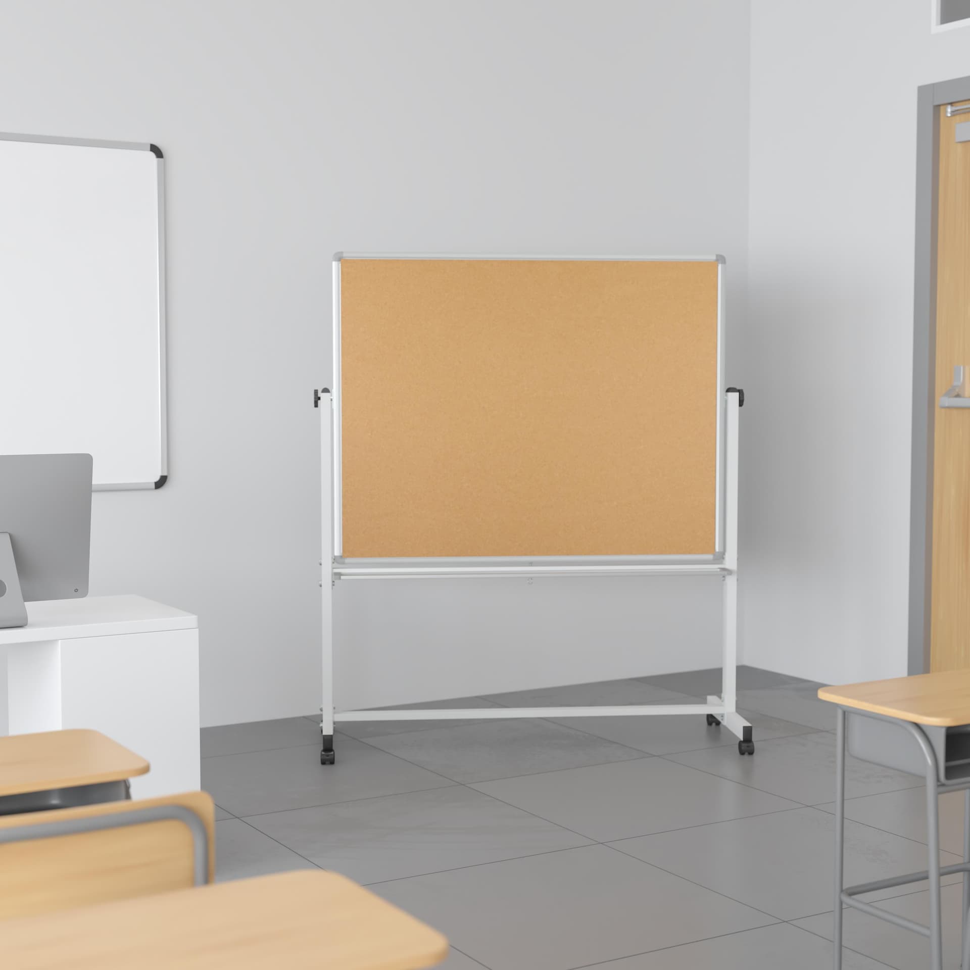 53"W x 62.5"H Reversible Mobile Cork Bulletin & White Board with Pen Tray