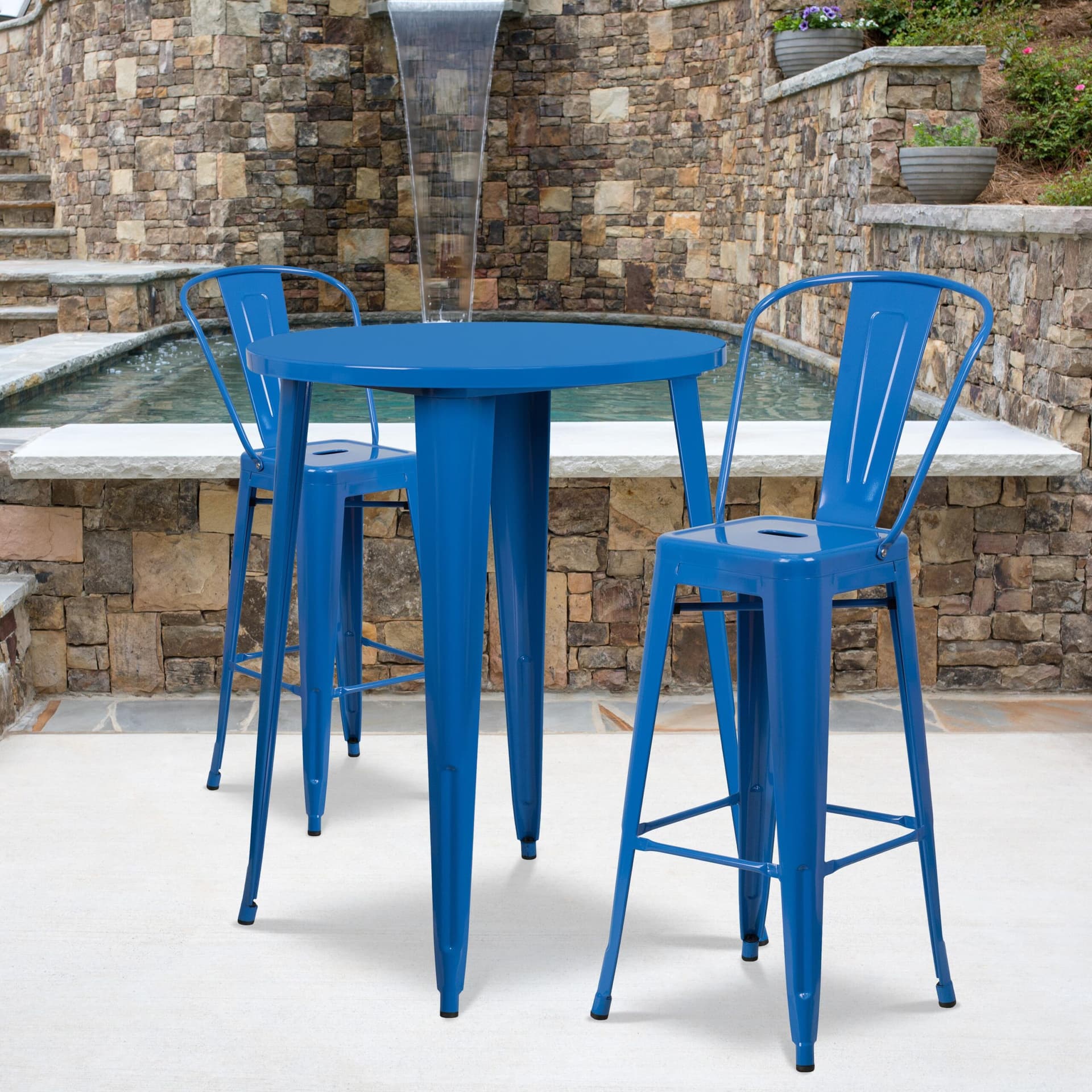 30" Round Blue Metal Indoor-Outdoor Bar Table Set with 2 Cafe Stools