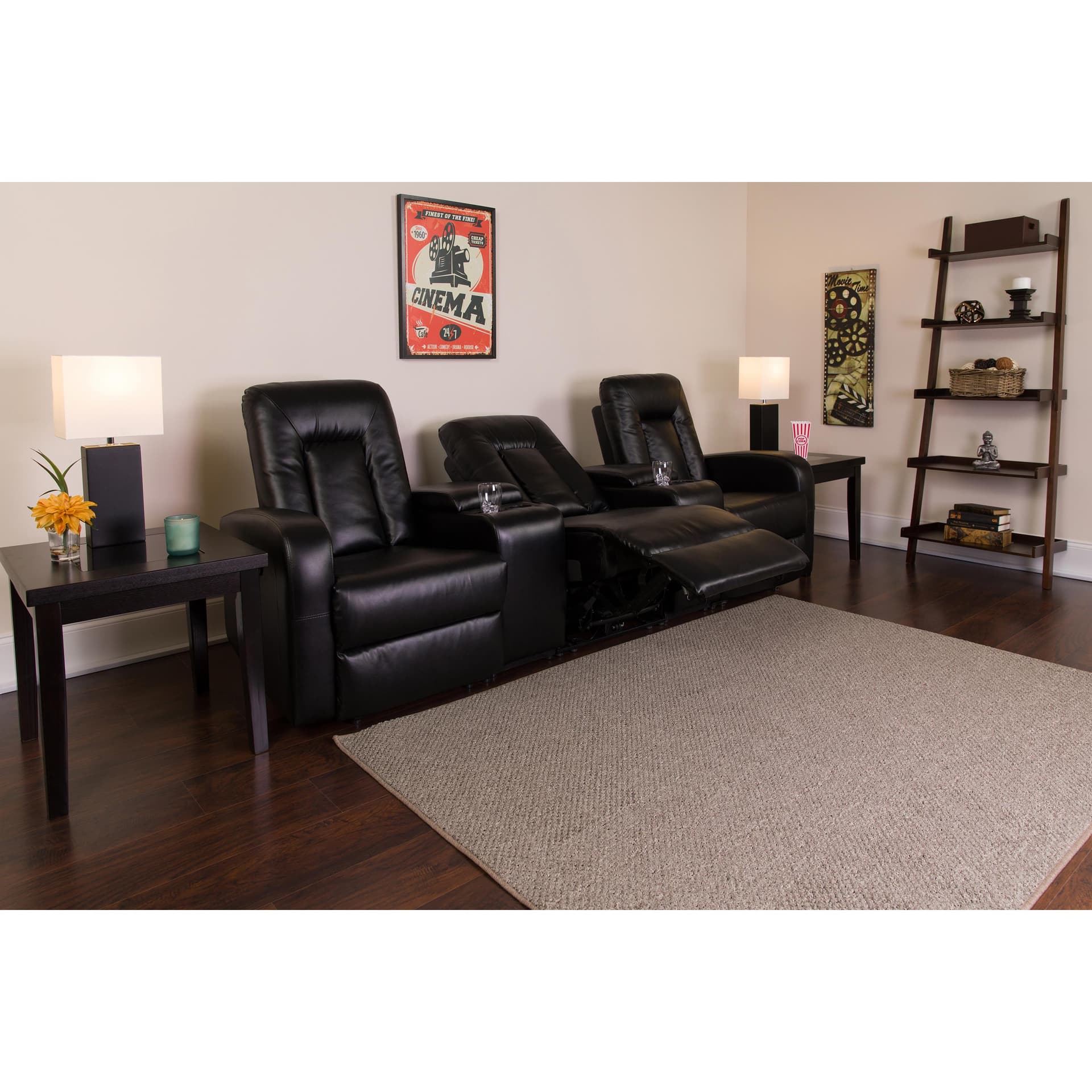 3-Seat Push Back Reclining Black LeatherSoft Theater Seating Unit w/Cup Holders