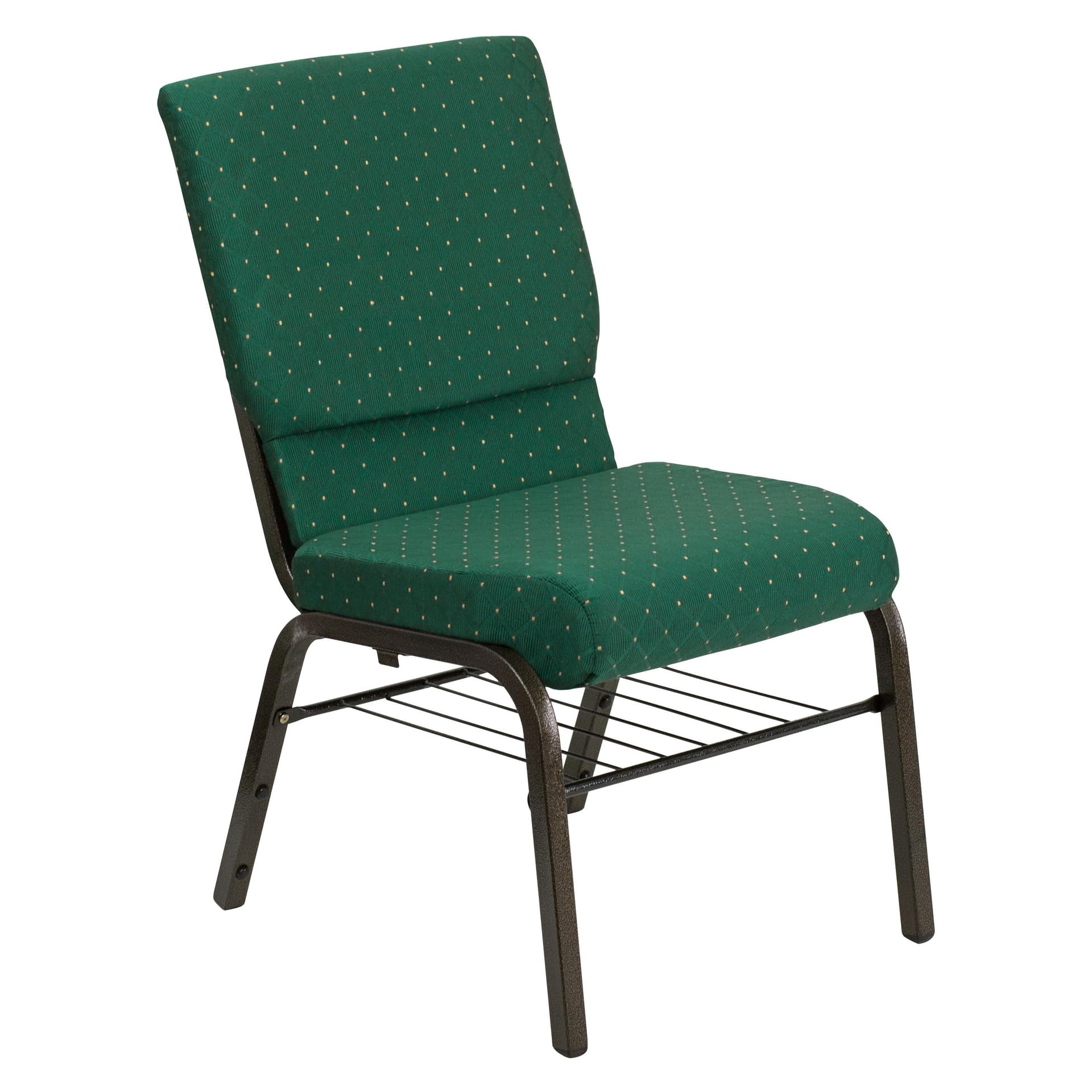 18.5"W Church Chair in Green Patterned Fabric with Book Rack - Gold Vein Frame