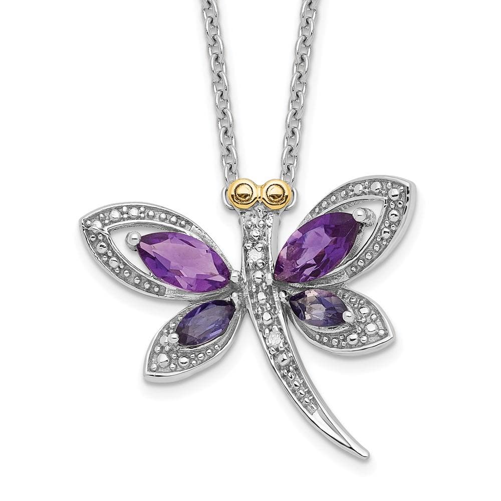 Sterling Silver 14k Amethyst/Iolite/Diamond Dragonfly 18in Necklace