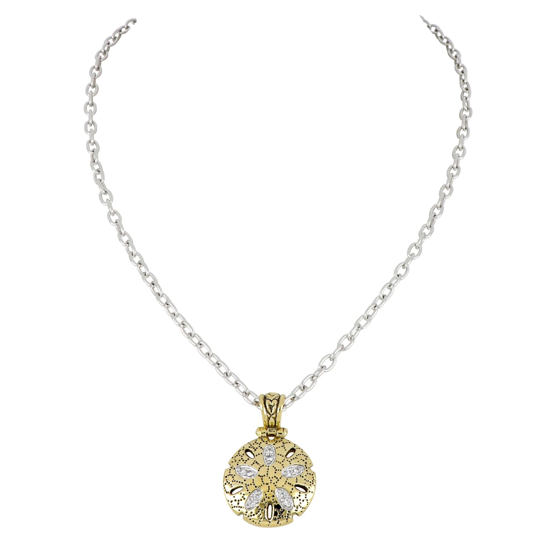 Seaside Sand Dollar Pendant, CZs. Length: 16 - 18" adjustable Pendant: 1"L x 1"W