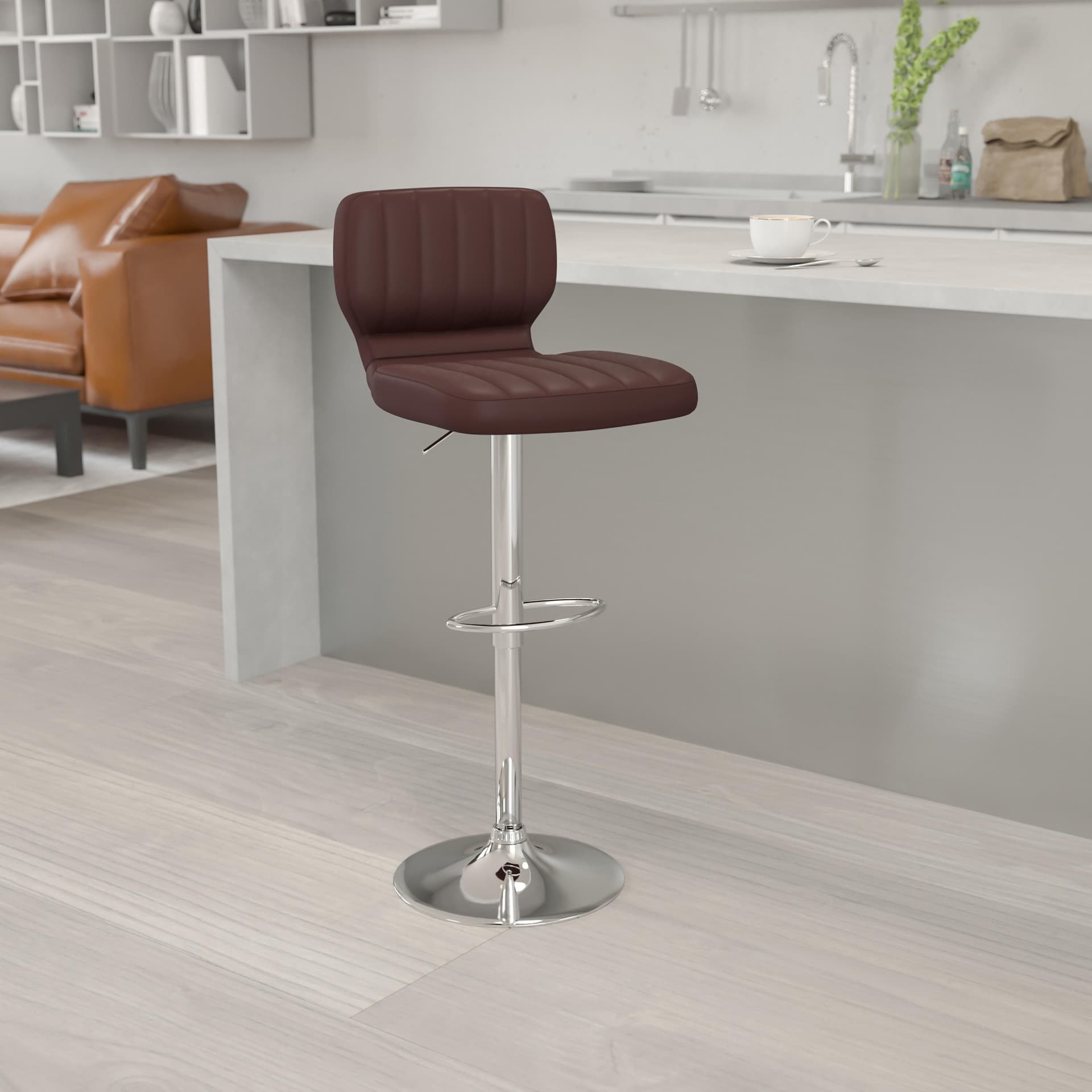 Brown Vinyl Adjustable Height Barstool w/ Vertical Stitch Back & Chrome Base